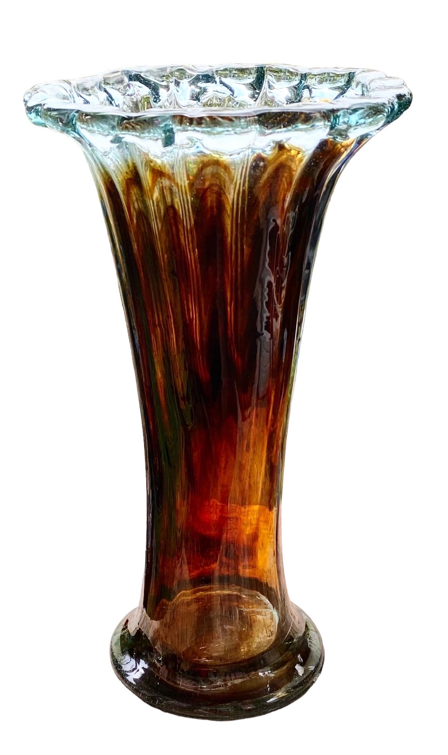 Vintage Hand Blown Art Glass Ribbed Flare Vase For Sale 2