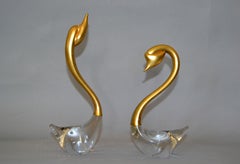 Vintage Hand Blown Clear Art Glass and Brass Swan Sculptures, Figurines, a Pair