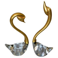 Retro Hand Blown Clear Art Glass and Brass Swan Sculptures, Figurines, a Pair