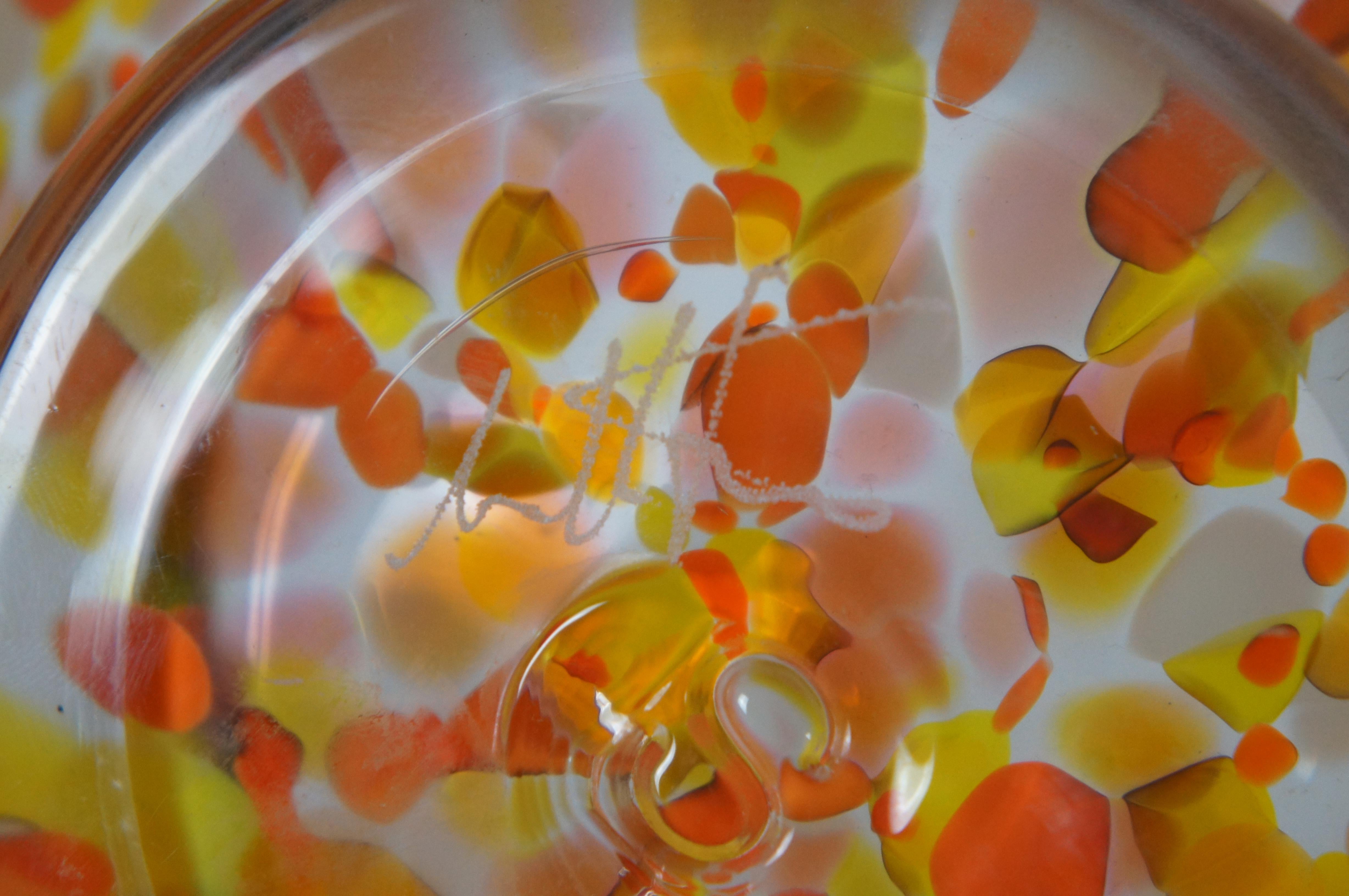 Vintage Hand Blown Freeform Art Glass Centerpiece Bowl Orange & Yellow Signed 13 5