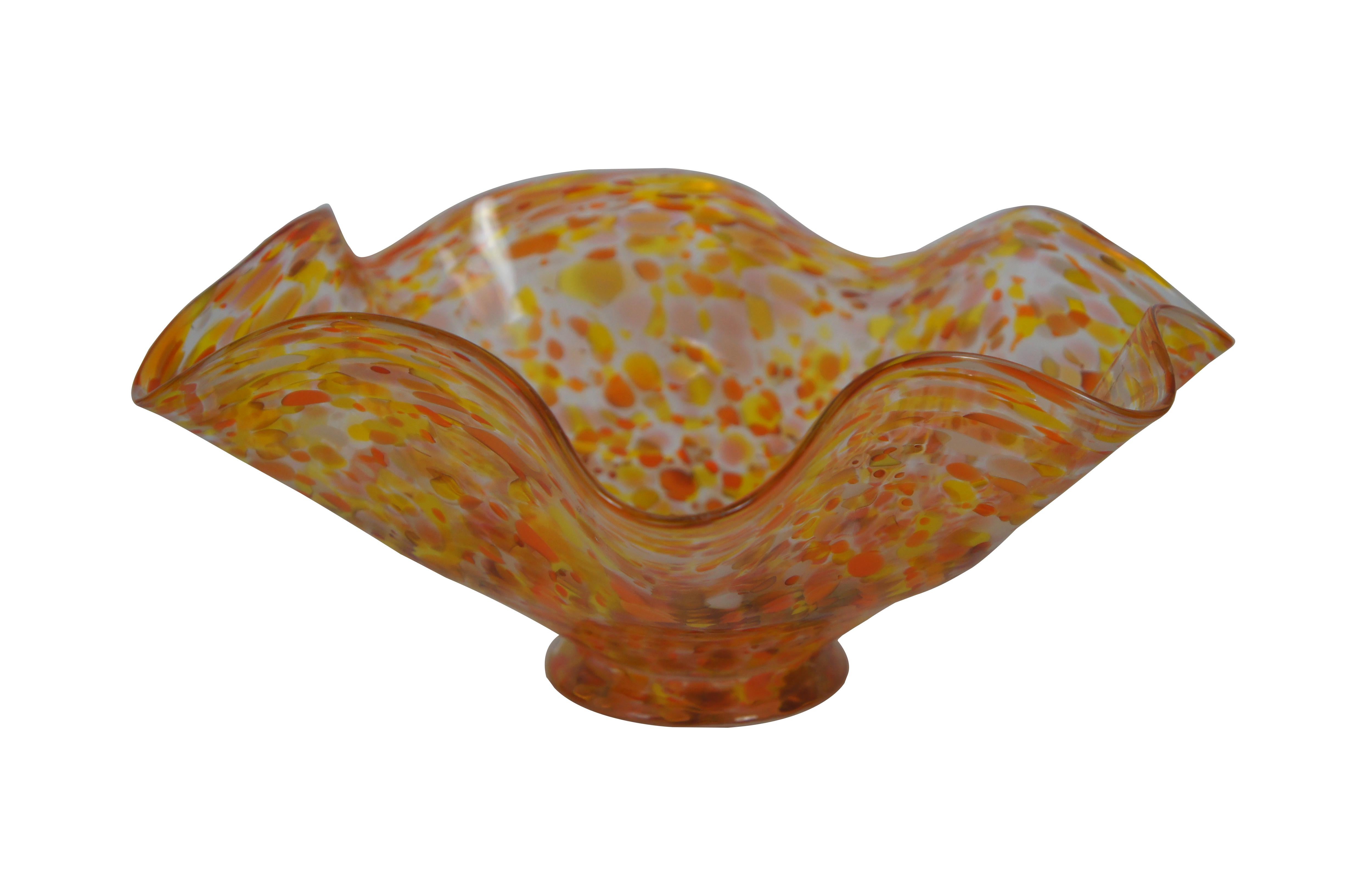 Modern Vintage Hand Blown Freeform Art Glass Centerpiece Bowl Orange & Yellow Signed 13