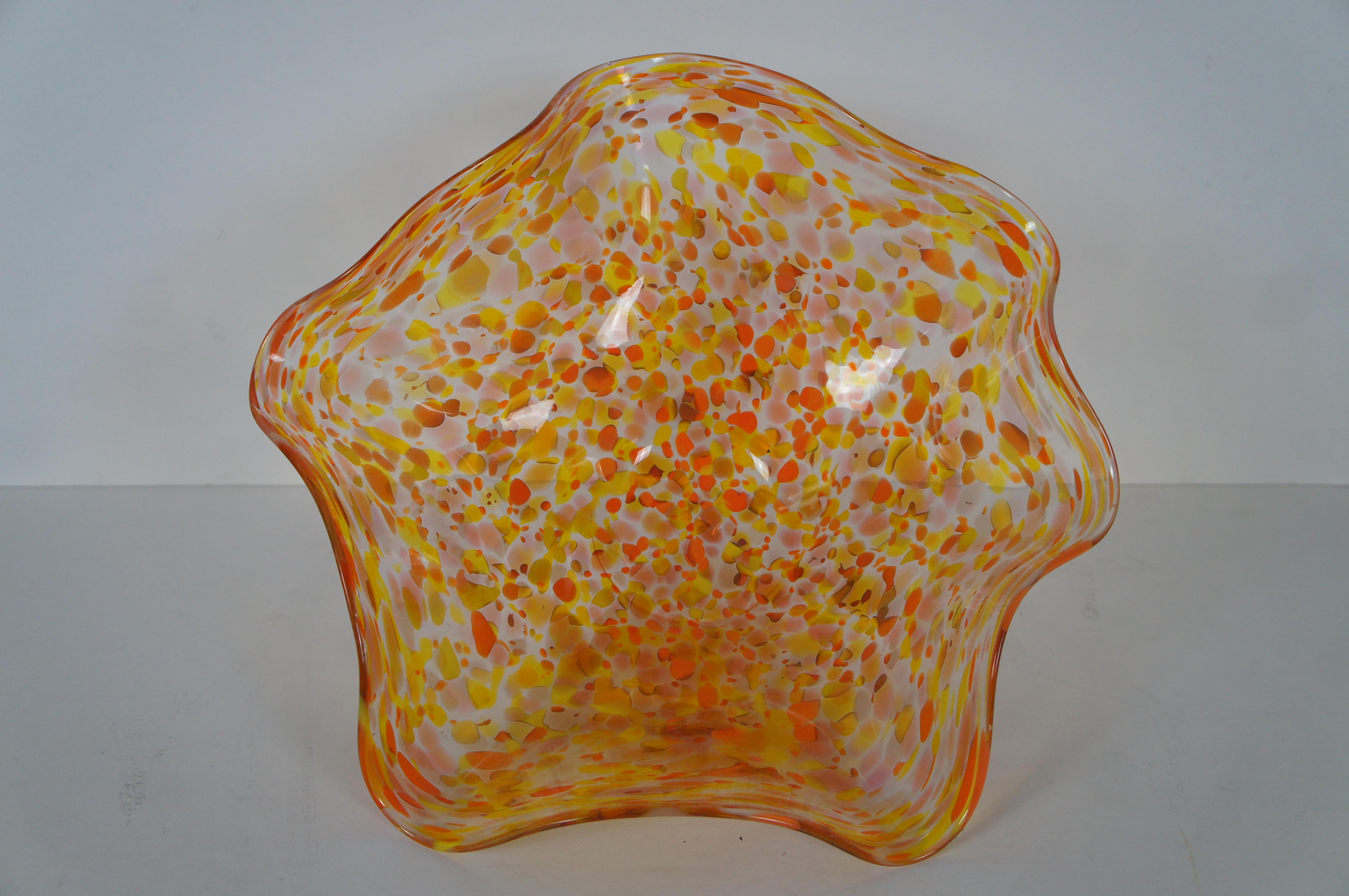 Vintage Hand Blown Freeform Art Glass Centerpiece Bowl Orange & Yellow Signed 13 In Good Condition In Dayton, OH