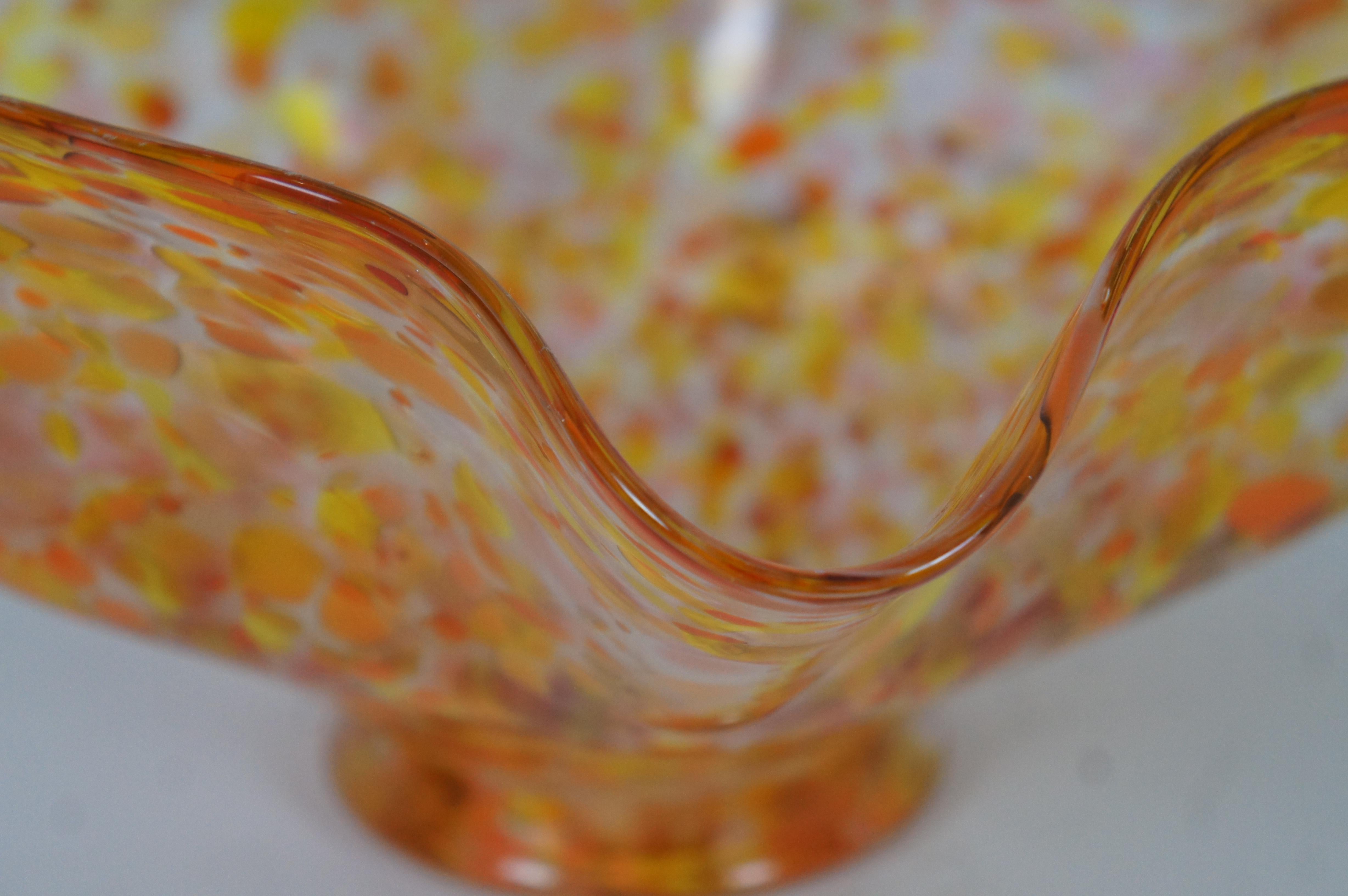 Vintage Hand Blown Freeform Art Glass Centerpiece Bowl Orange & Yellow Signed 13 1