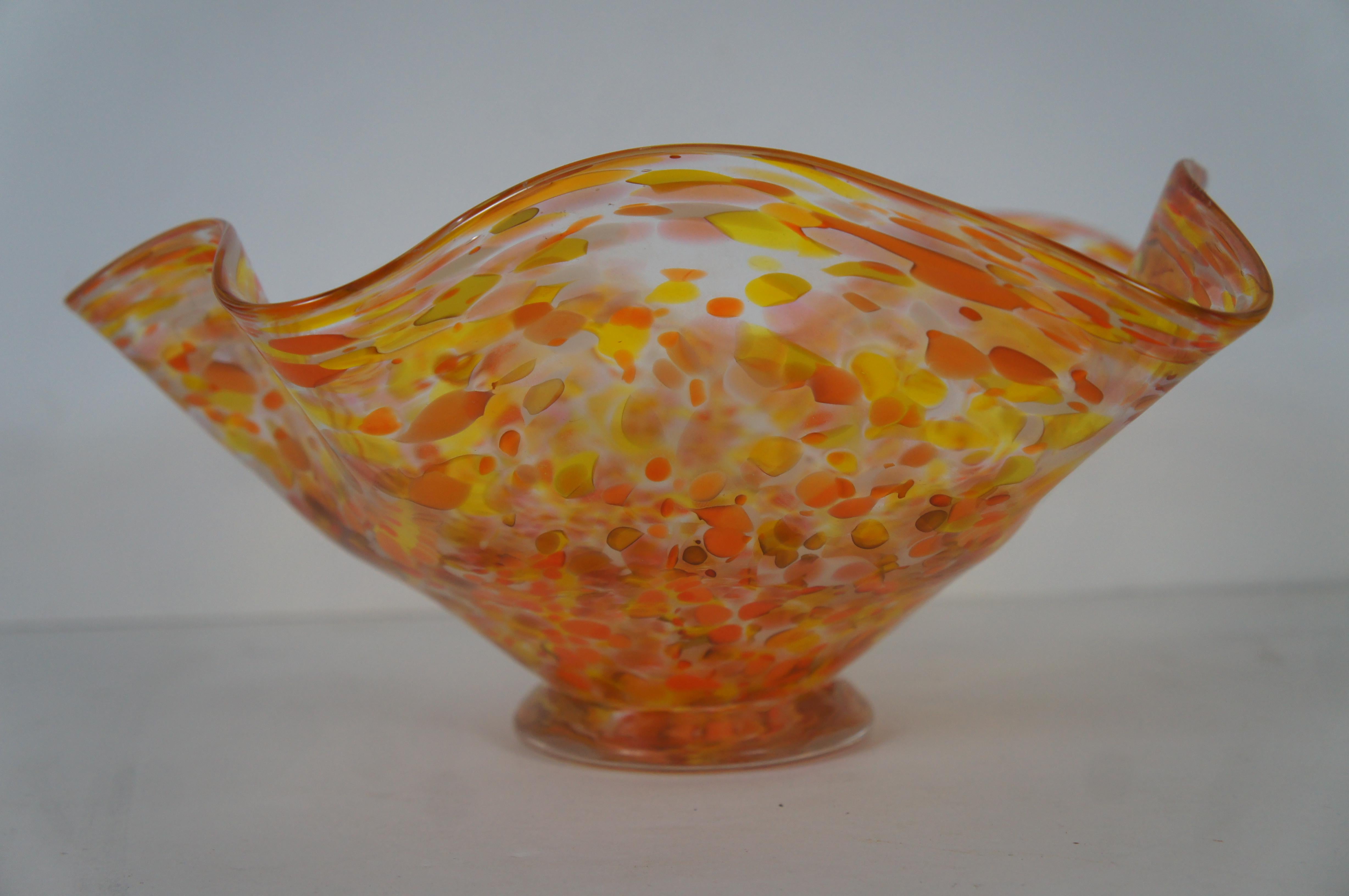 Vintage Hand Blown Freeform Art Glass Centerpiece Bowl Orange & Yellow Signed 13 2