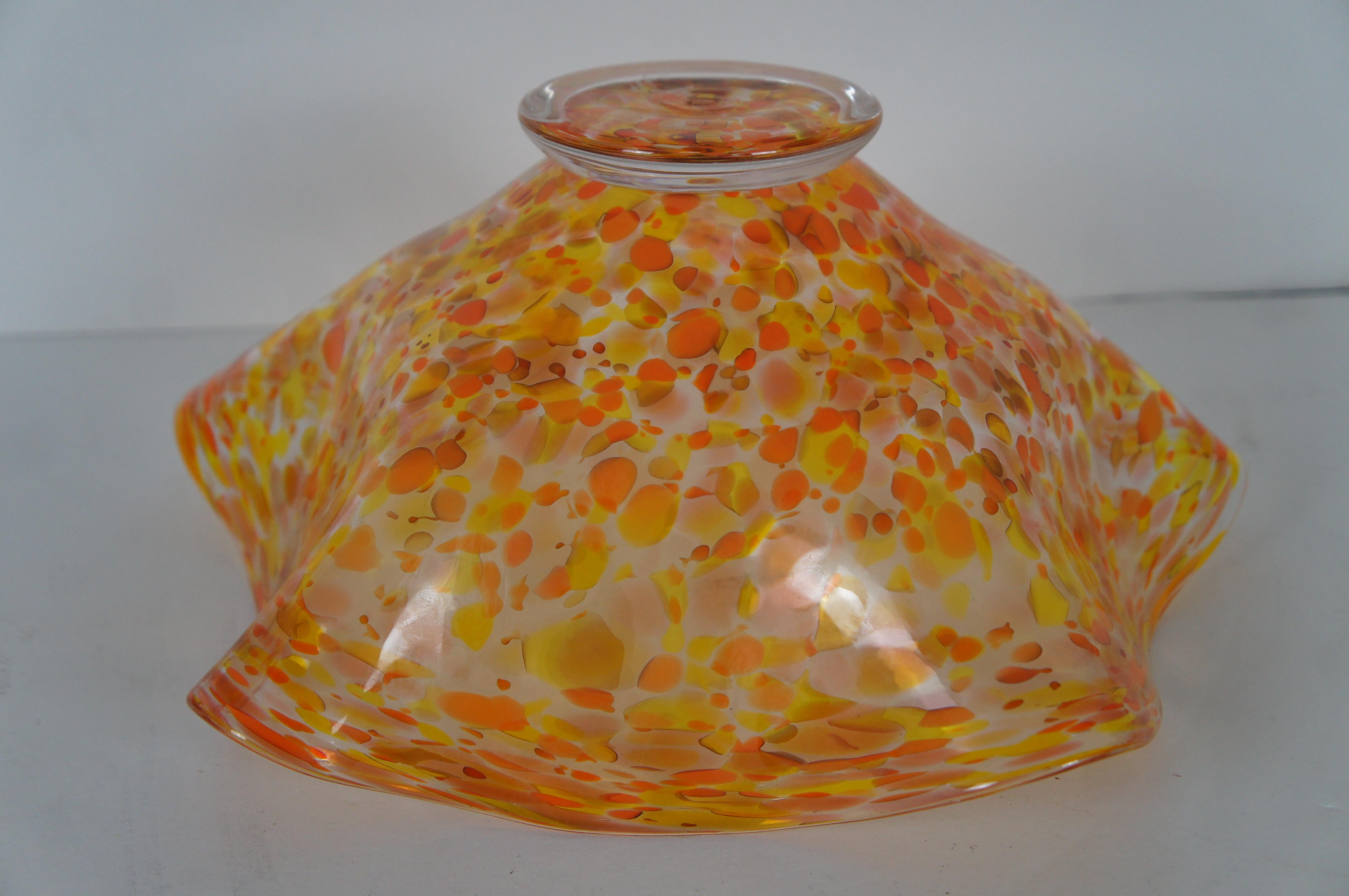 Vintage Hand Blown Freeform Art Glass Centerpiece Bowl Orange & Yellow Signed 13 3