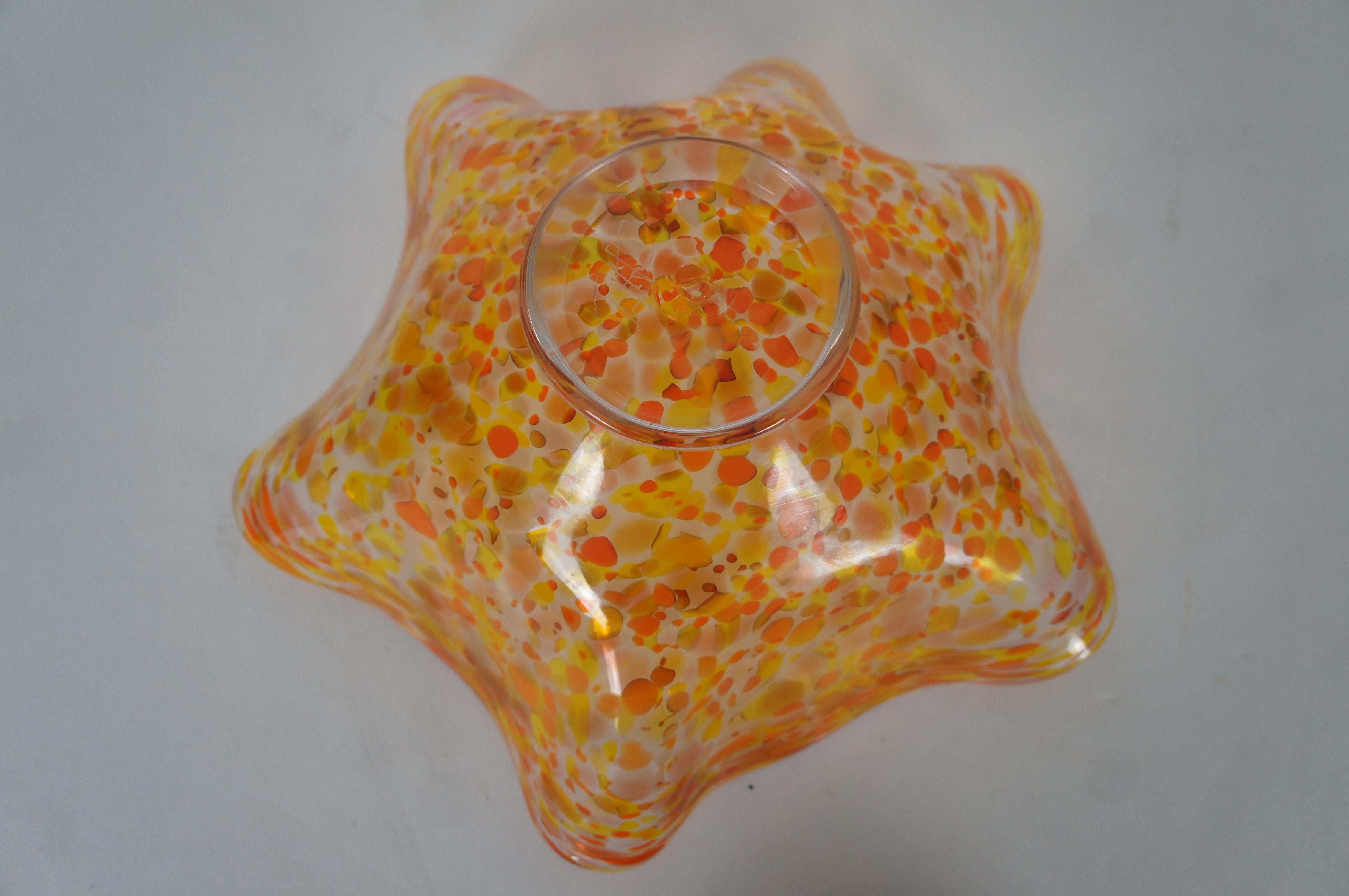 Vintage Hand Blown Freeform Art Glass Centerpiece Bowl Orange & Yellow Signed 13 4