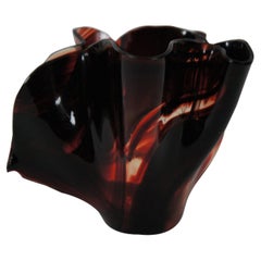 Vintage Hand Blown Freeform Ruffled Red Swirl Studio Art Glass Flower Vase 8"