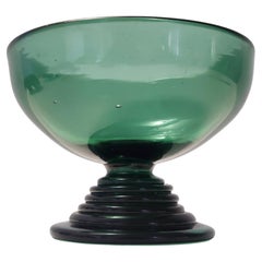 Centre de table / coupe vintage en verre vert soufflé à la main, fabriqué à Empoli, Italie