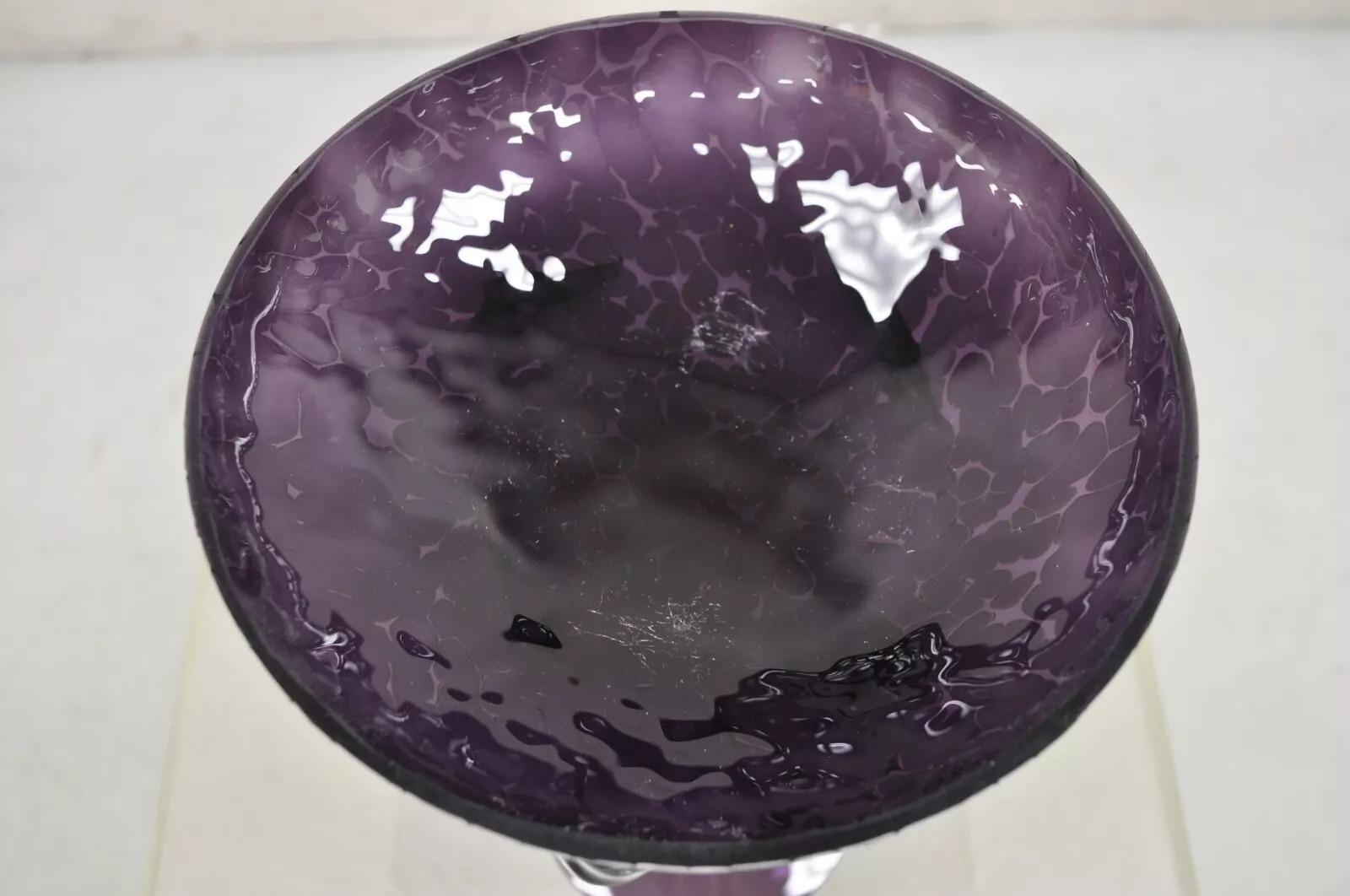 20th Century Vintage Hand Blown Italian Murano Glass Style Purple Compote Candy Dish For Sale
