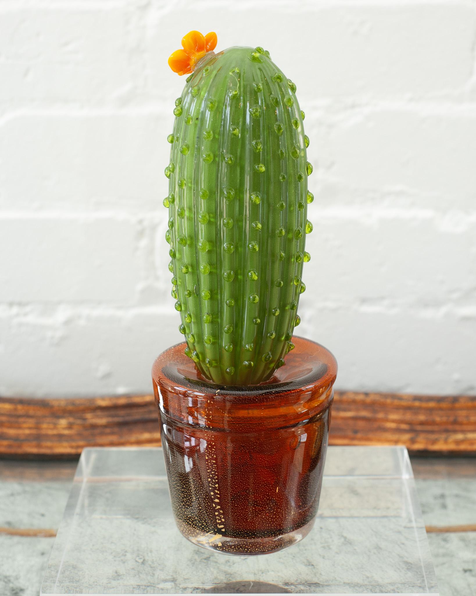 Late 20th Century Vintage Hand Blown Murano Glass Cactus Sculpture For Sale