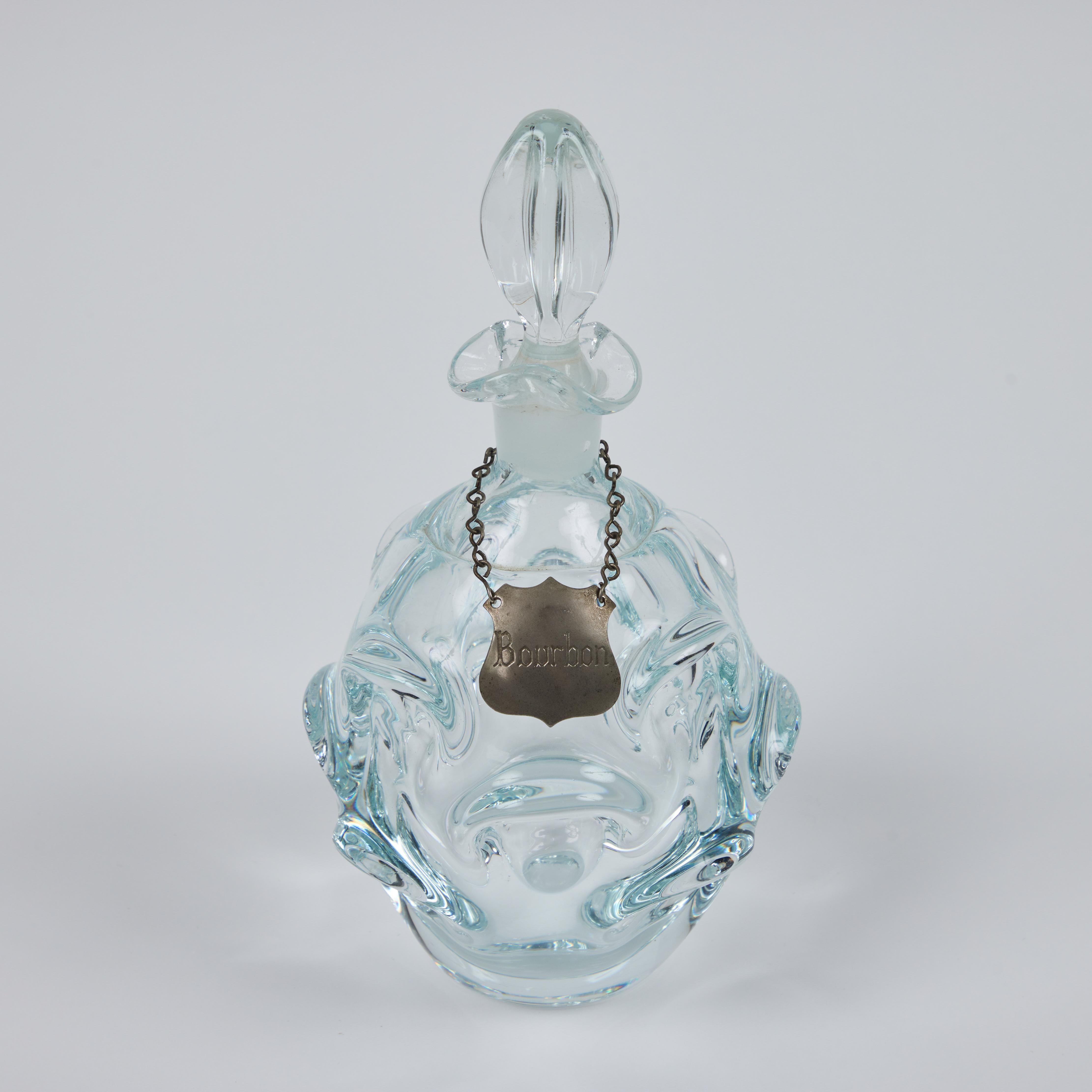 Mid-Century Modern Vintage Hand Blown Murano Glass Decanter w/ Stopper + Metal Bourbon Tag
