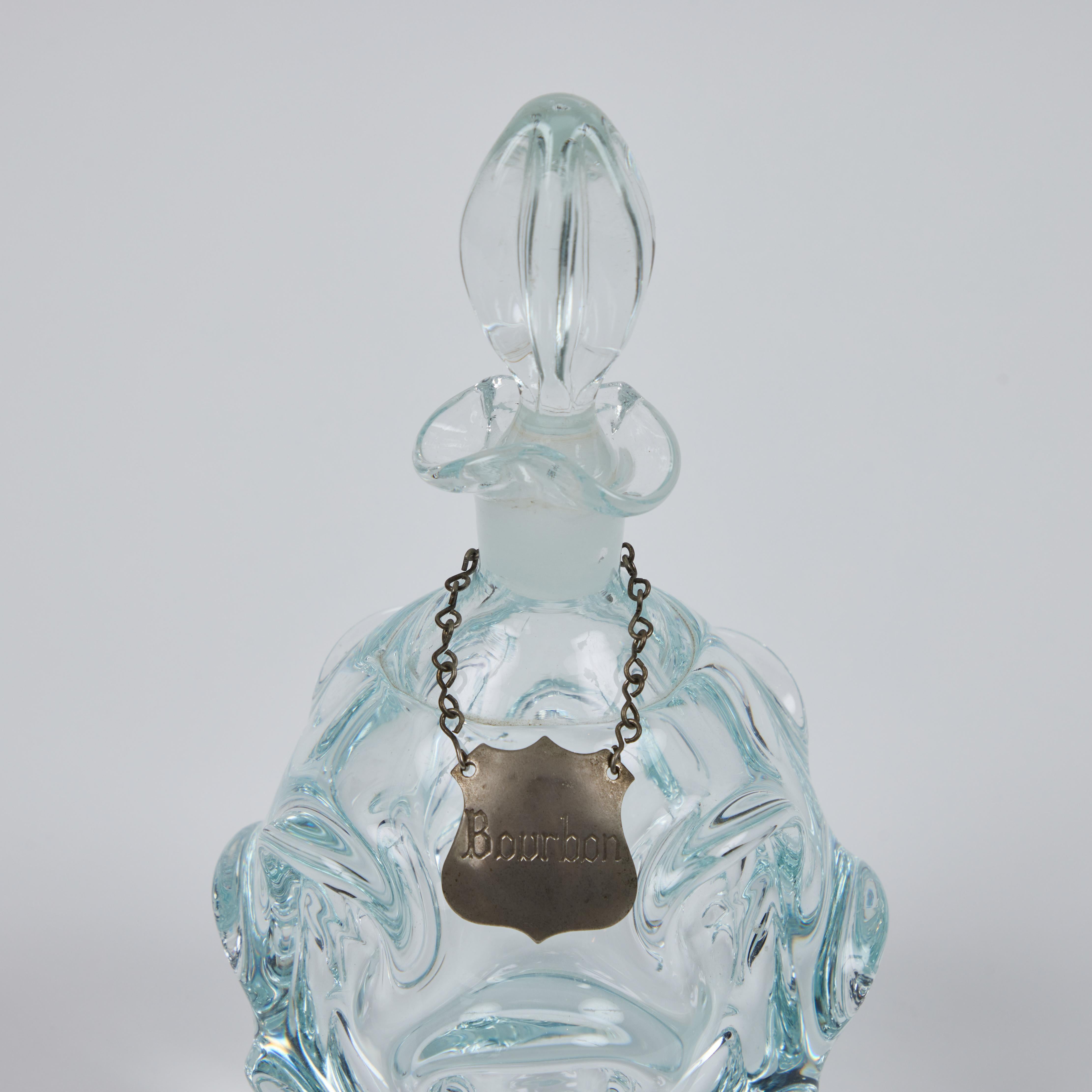 Vintage Hand Blown Murano Glass Decanter w/ Stopper + Metal Bourbon Tag In Good Condition In Pasadena, CA