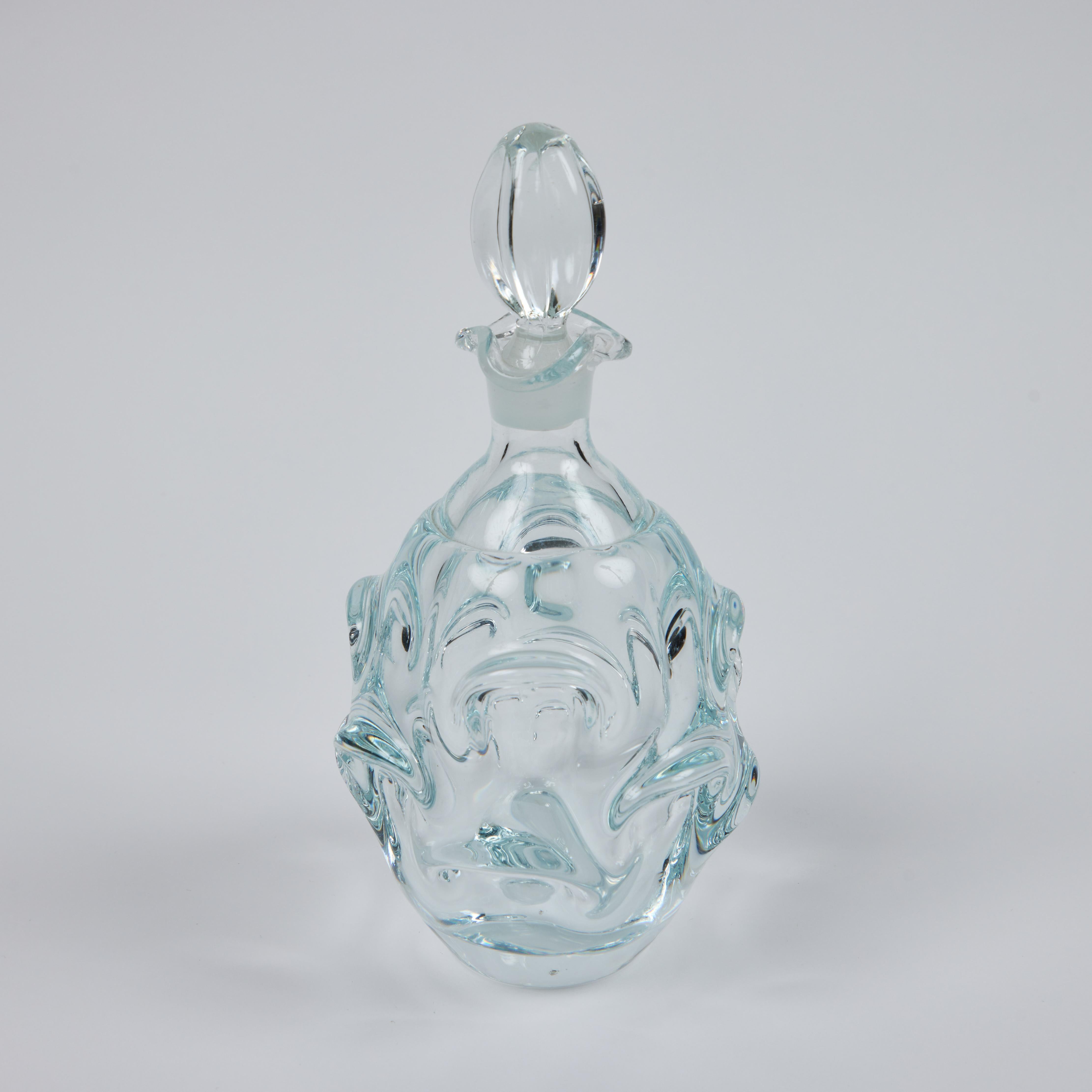 20th Century Vintage Hand Blown Murano Glass Decanter w/ Stopper + Metal Bourbon Tag