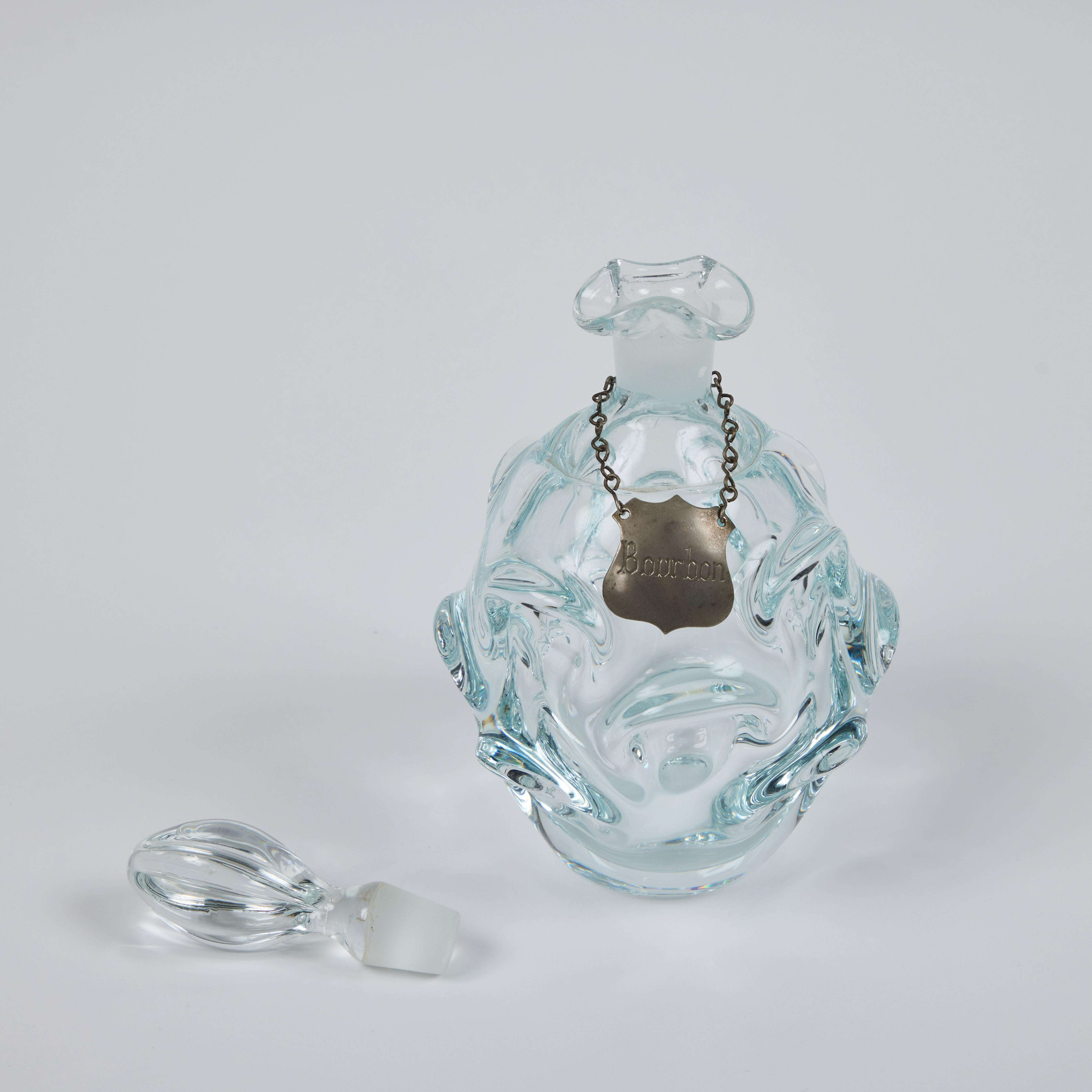 Vintage Hand Blown Murano Glass Decanter w/ Stopper + Metal Bourbon Tag 1