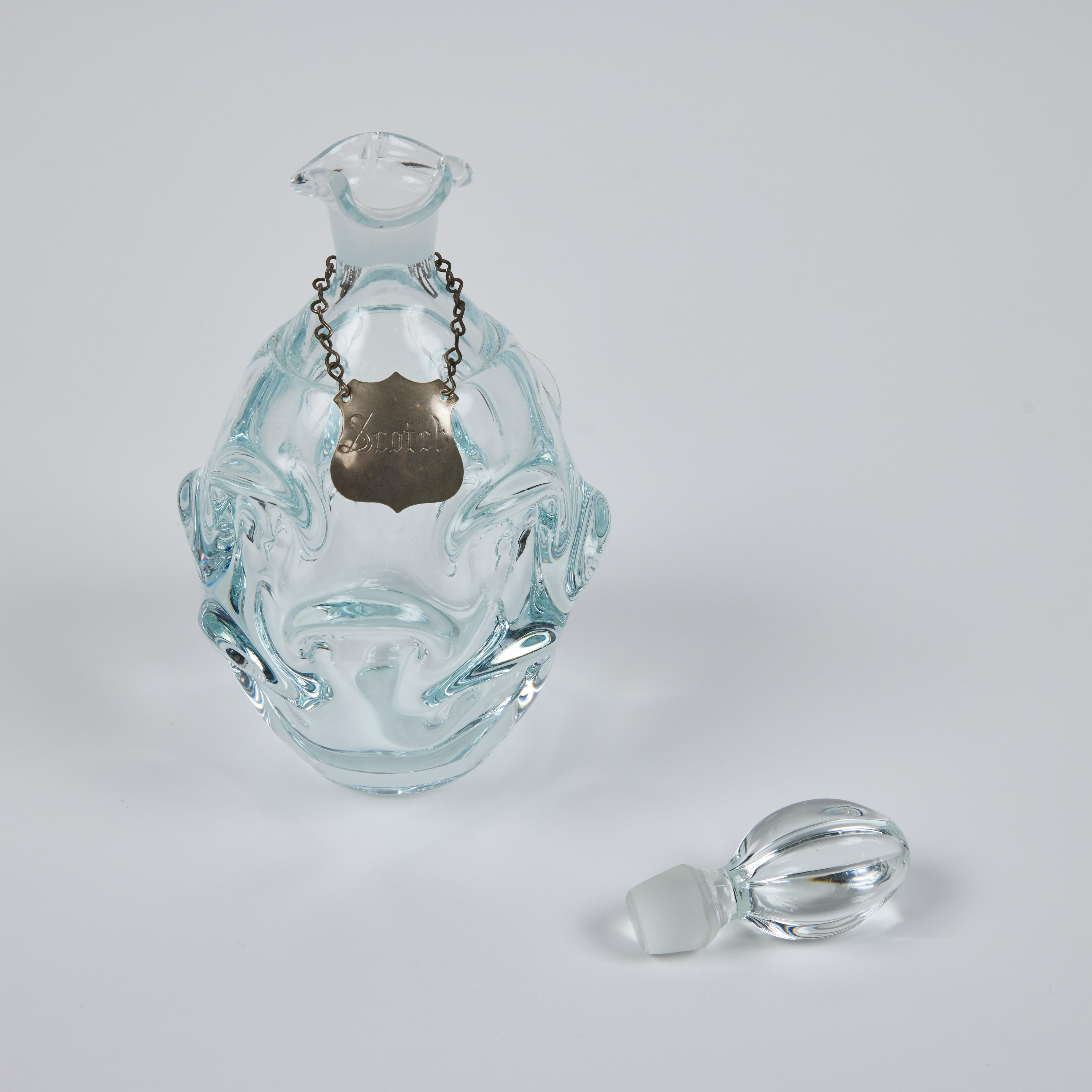 20ième siècle Carafe vintage en verre de Murano soufflé à la main avec bouchon + étiquette Scotch en métal