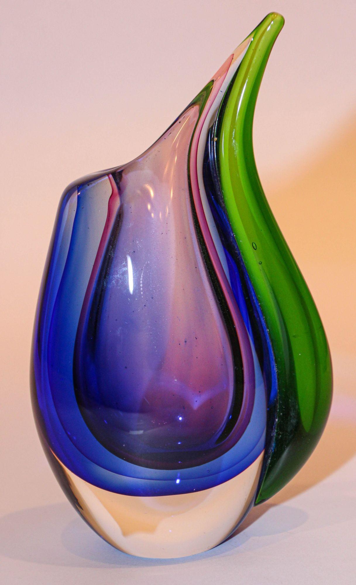 Vintage Hand Blown Murano Sommerso Blue, Purple and Green Art Glass Vase 5