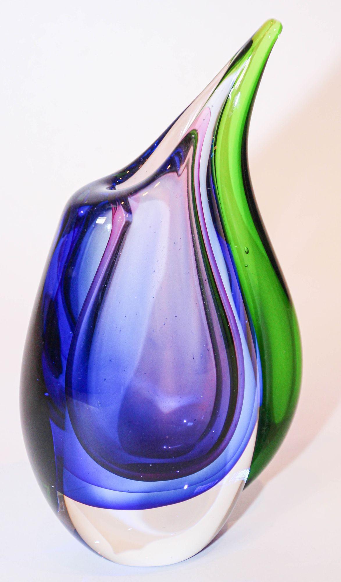 Vintage Hand Blown Murano Sommerso Blue, Purple and Green Art Glass Vase 6