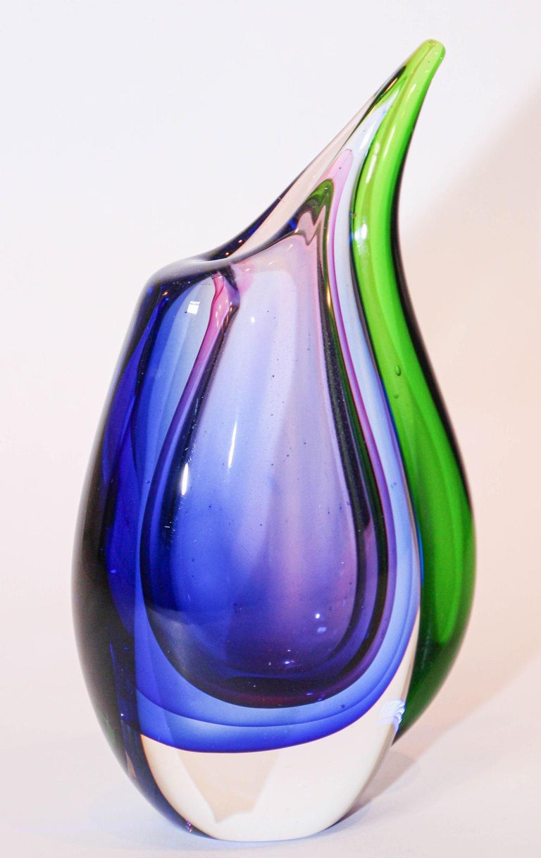 Vintage Hand Blown Murano Sommerso Blue, Purple and Green Art Glass