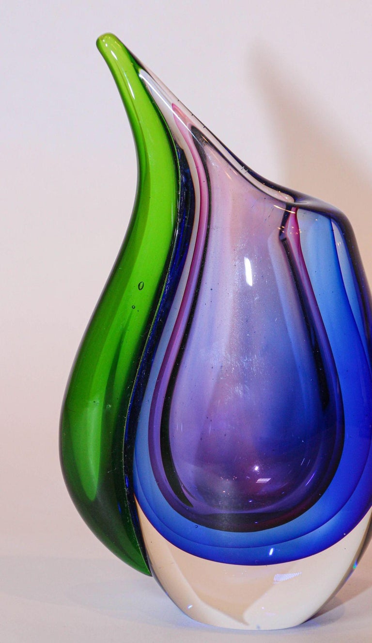 Vintage Hand Blown Murano Sommerso Blue, Purple and Green Art Glass