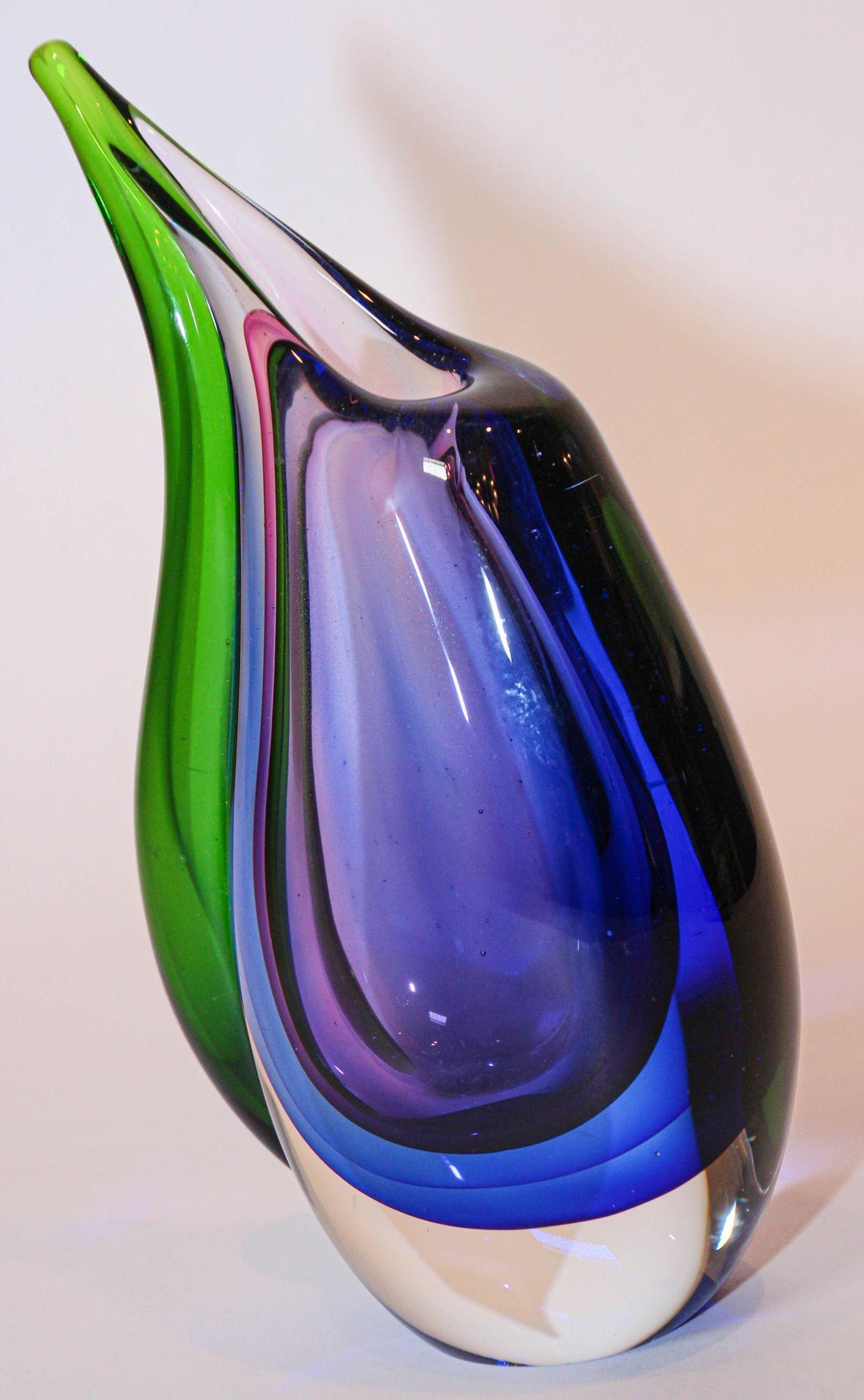 Mid-Century Modern Vintage Hand Blown Murano Sommerso Blue, Purple and Green Art Glass Vase