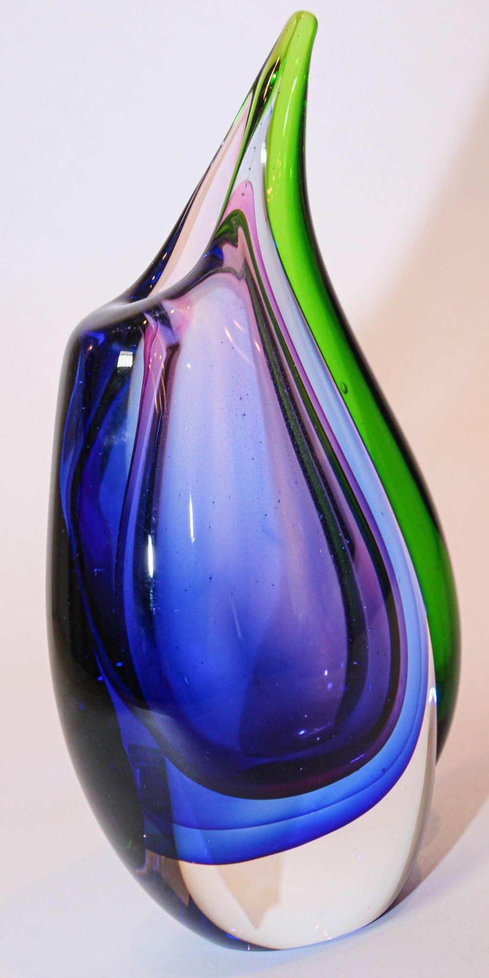 Italian Vintage Hand Blown Murano Sommerso Blue, Purple and Green Art Glass Vase