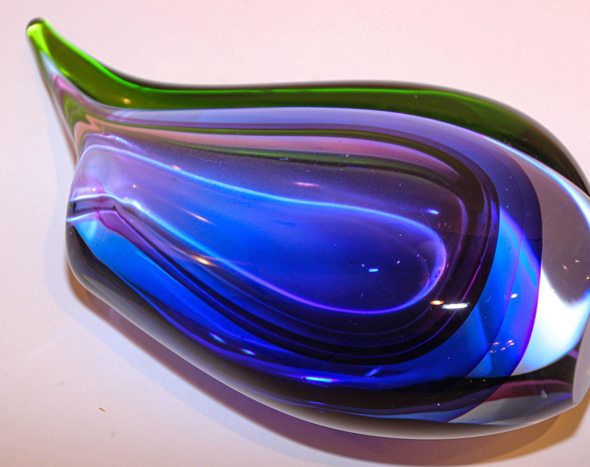Hand-Crafted Vintage Hand Blown Murano Sommerso Blue, Purple and Green Art Glass Vase