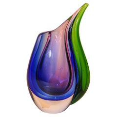 Vintage Hand Blown Murano Sommerso Blue, Purple and Green Art Glass Vase