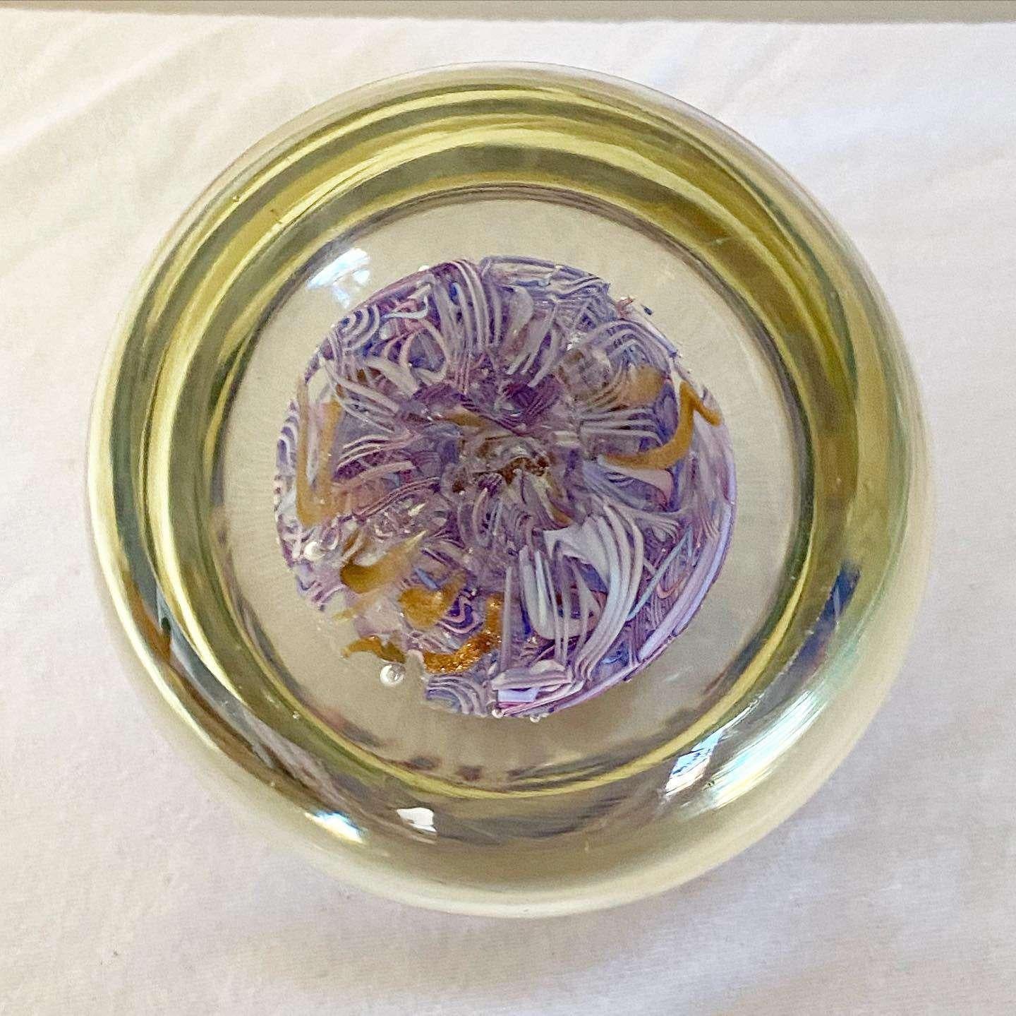 Post-Modern Vintage Hand Blown Purple and Gold Paper Weight For Sale