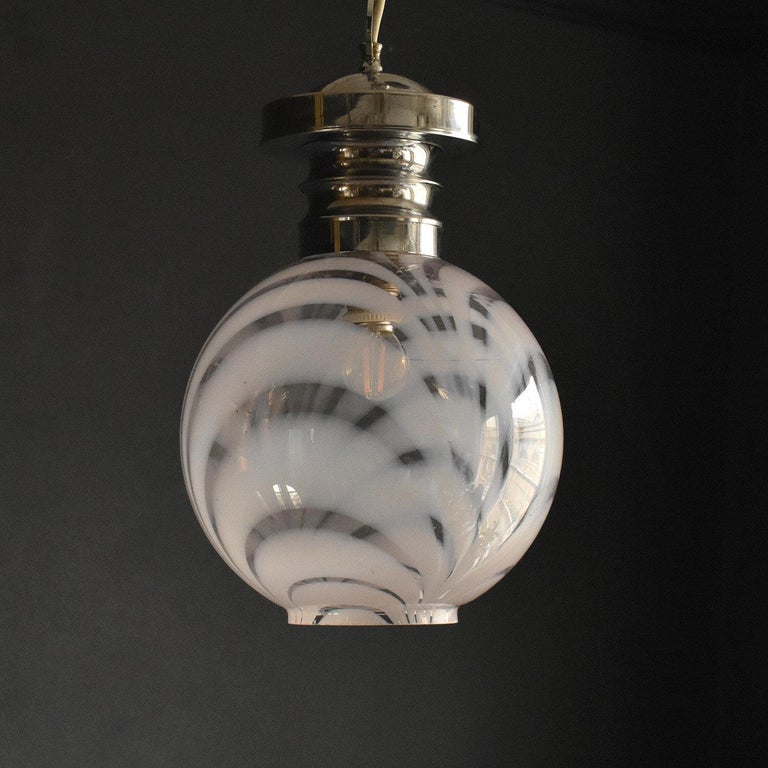 Vintage Hand Blown Swirly Glass and Chrome Pendant Light Fitting For