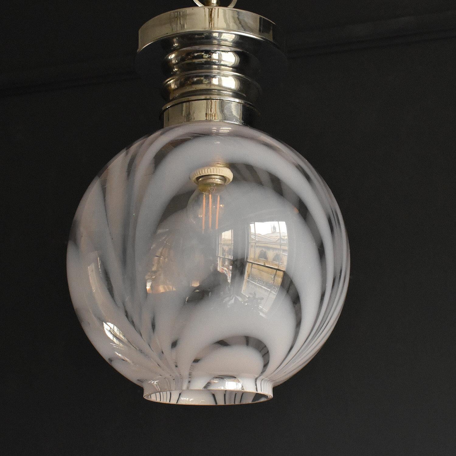 Blown Glass Vintage Hand Blown Opaline Glass and Chrome Pendant Light Fitting, 1960s