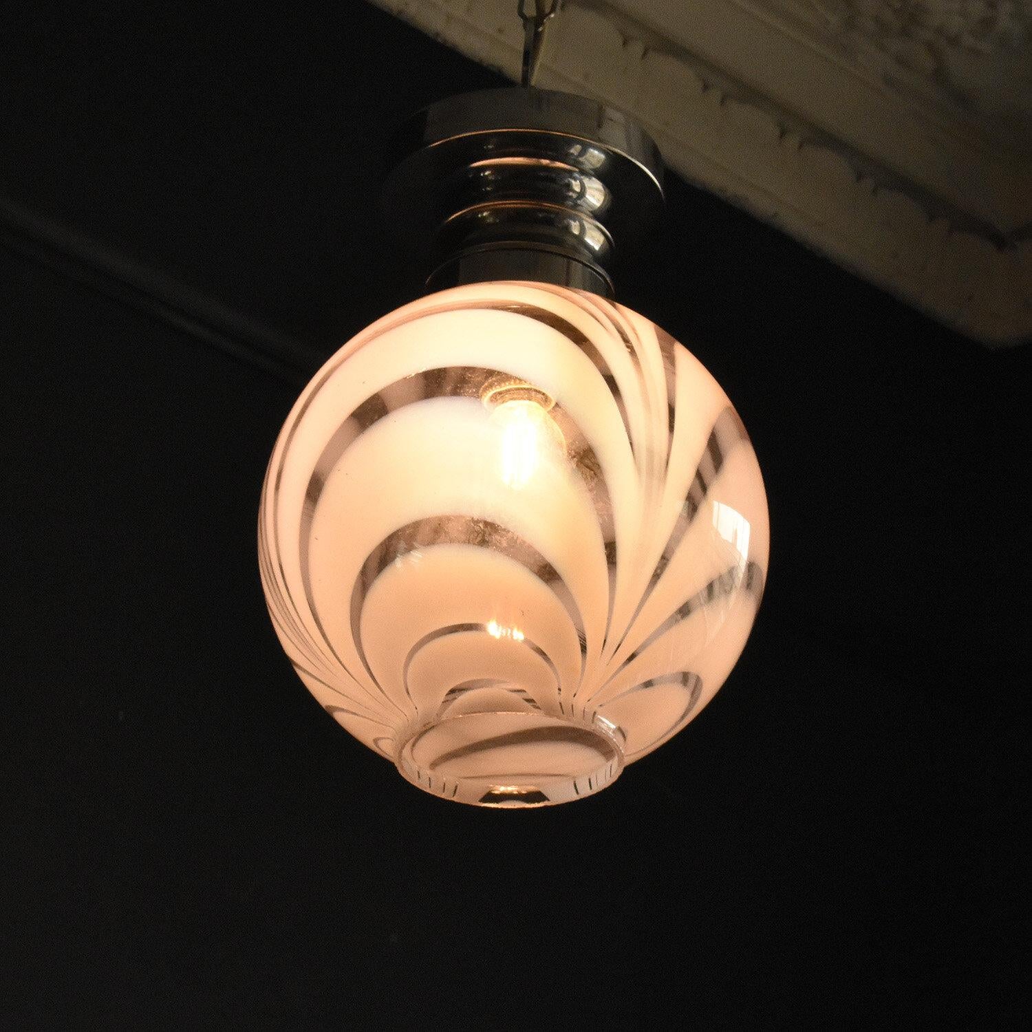 Vintage Hand Blown Opaline Glass and Chrome Pendant Light Fitting, 1960s 5