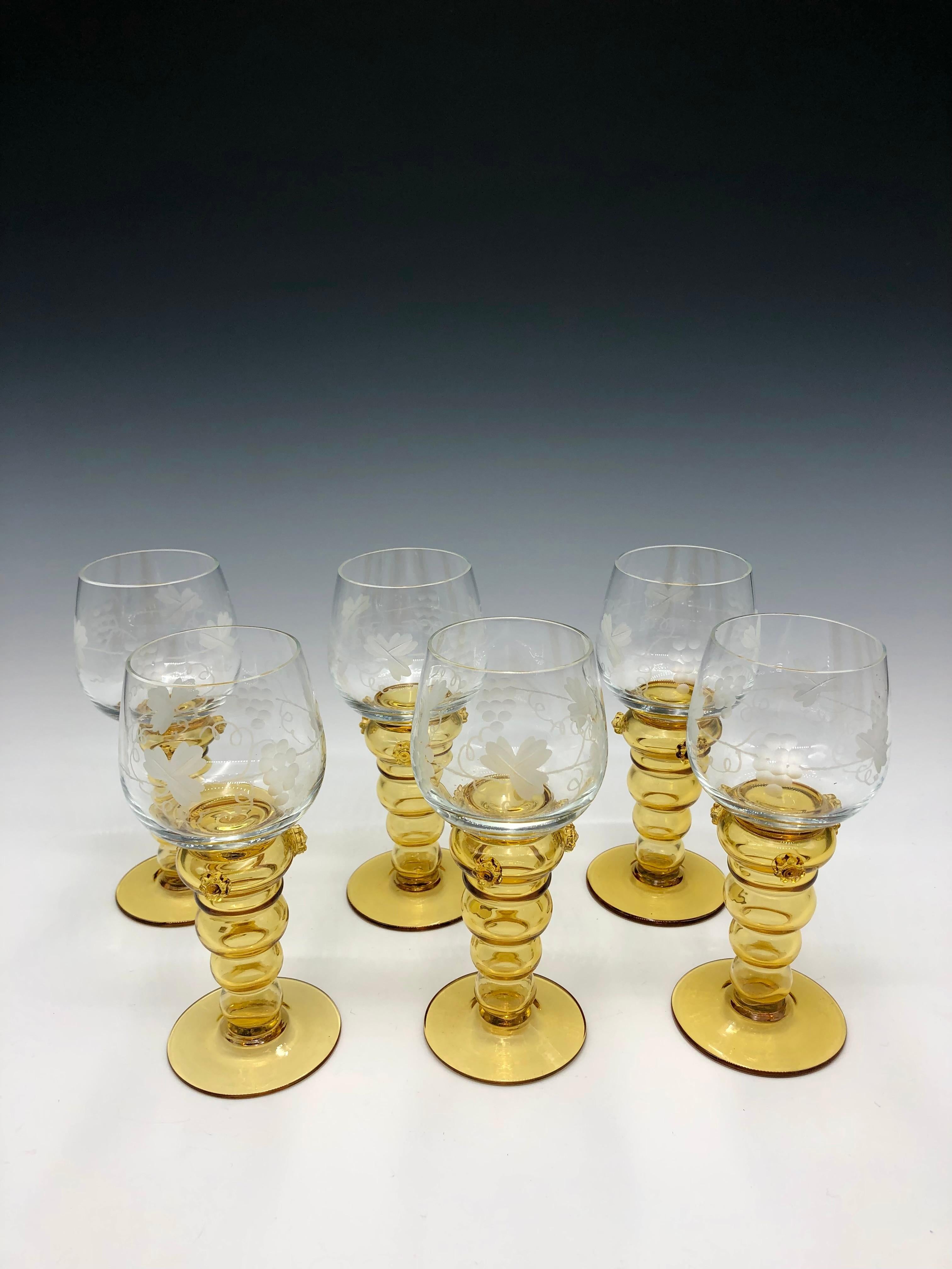 Bohemian Vintage Hand Blown Theresienthal Roemer Wine Glasses with Amber Stems