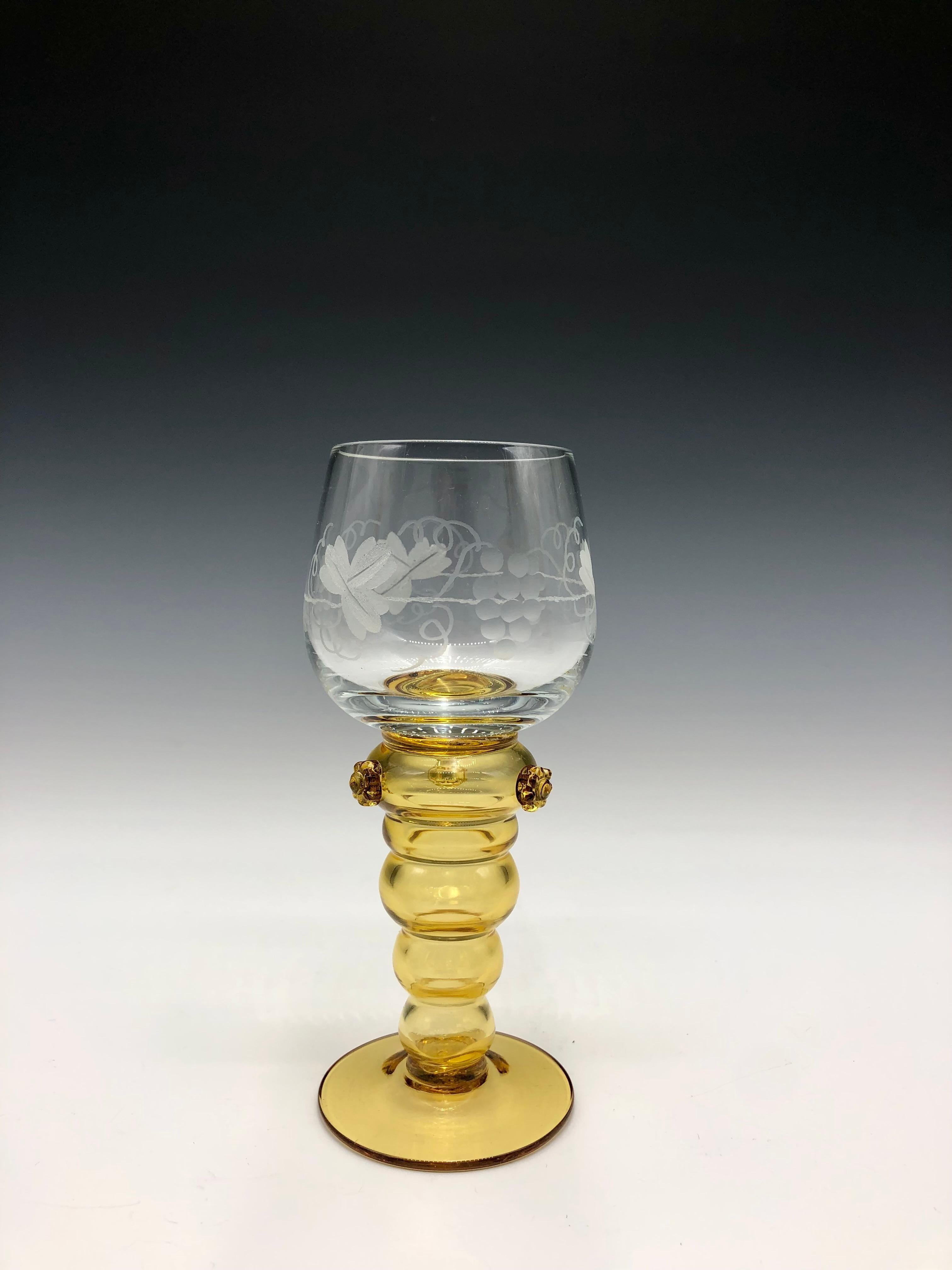 German Vintage Hand Blown Theresienthal Roemer Wine Glasses with Amber Stems