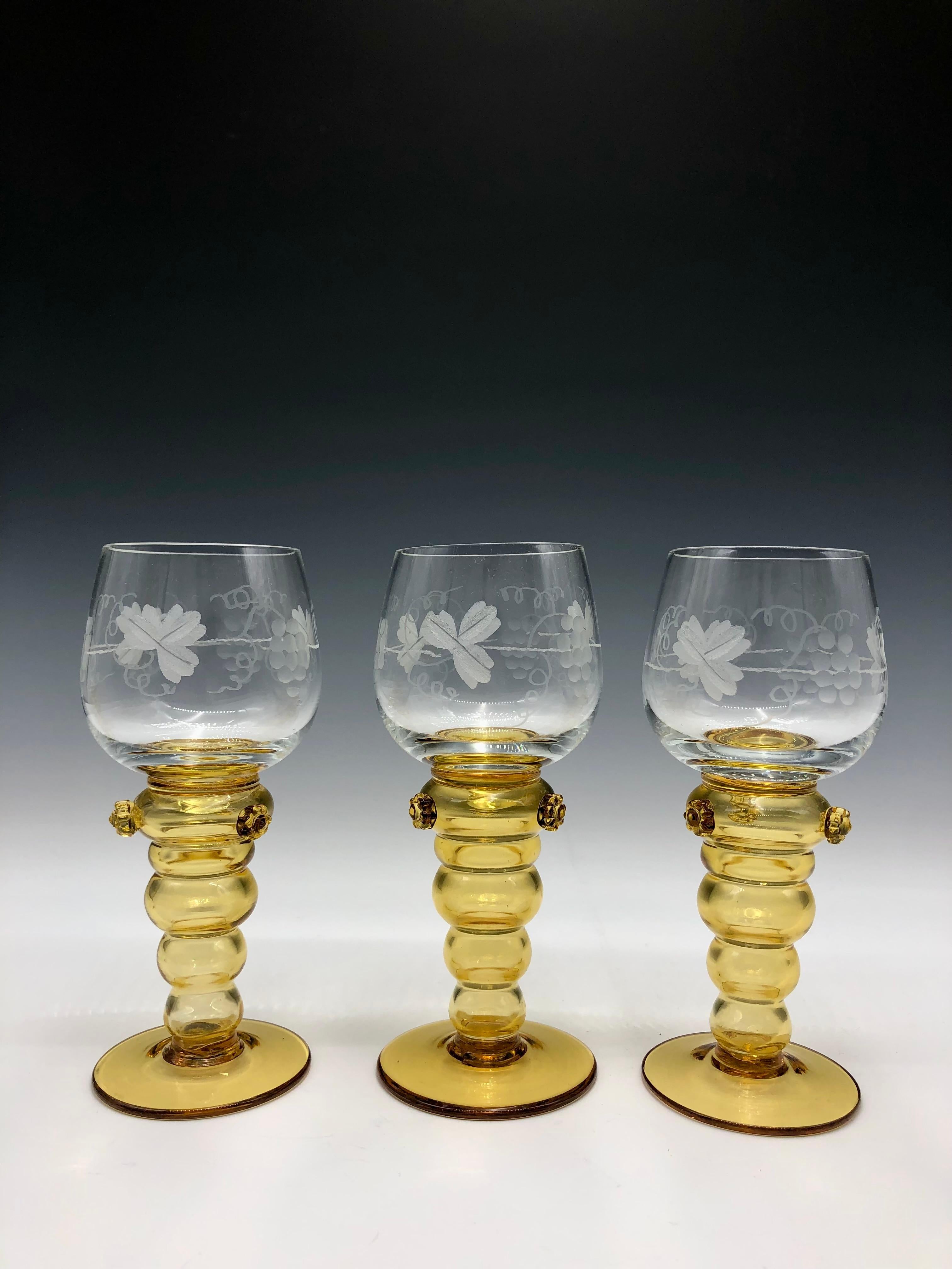 20th Century Vintage Hand Blown Theresienthal Roemer Wine Glasses with Amber Stems