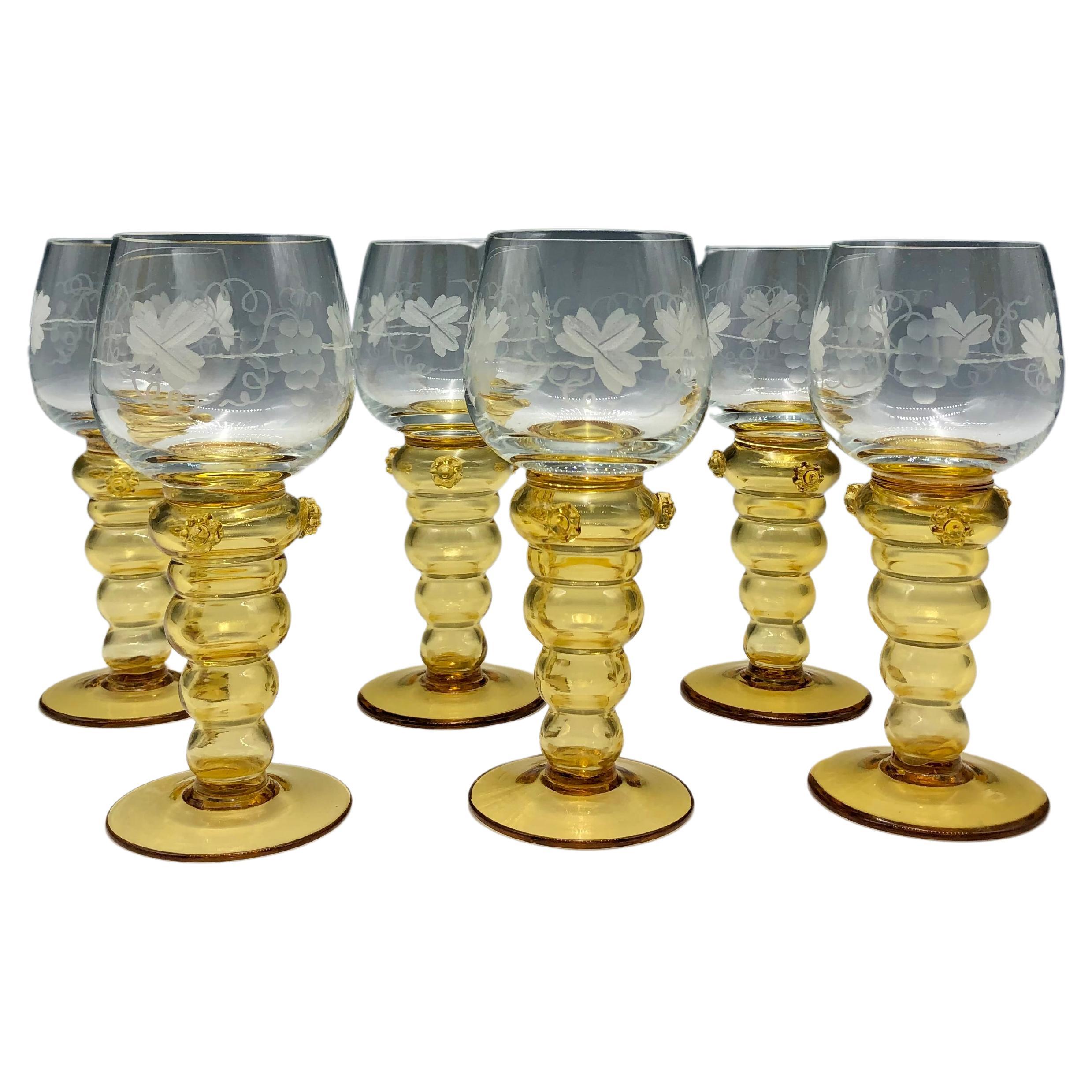 Vintage Hand Blown Theresienthal Roemer Wine Glasses with Amber Stems