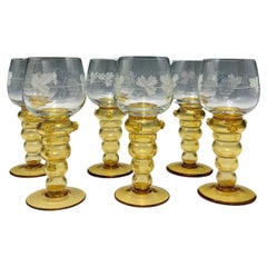 Antique Hand Blown Theresienthal Roemer Wine Glasses with Amber Stems