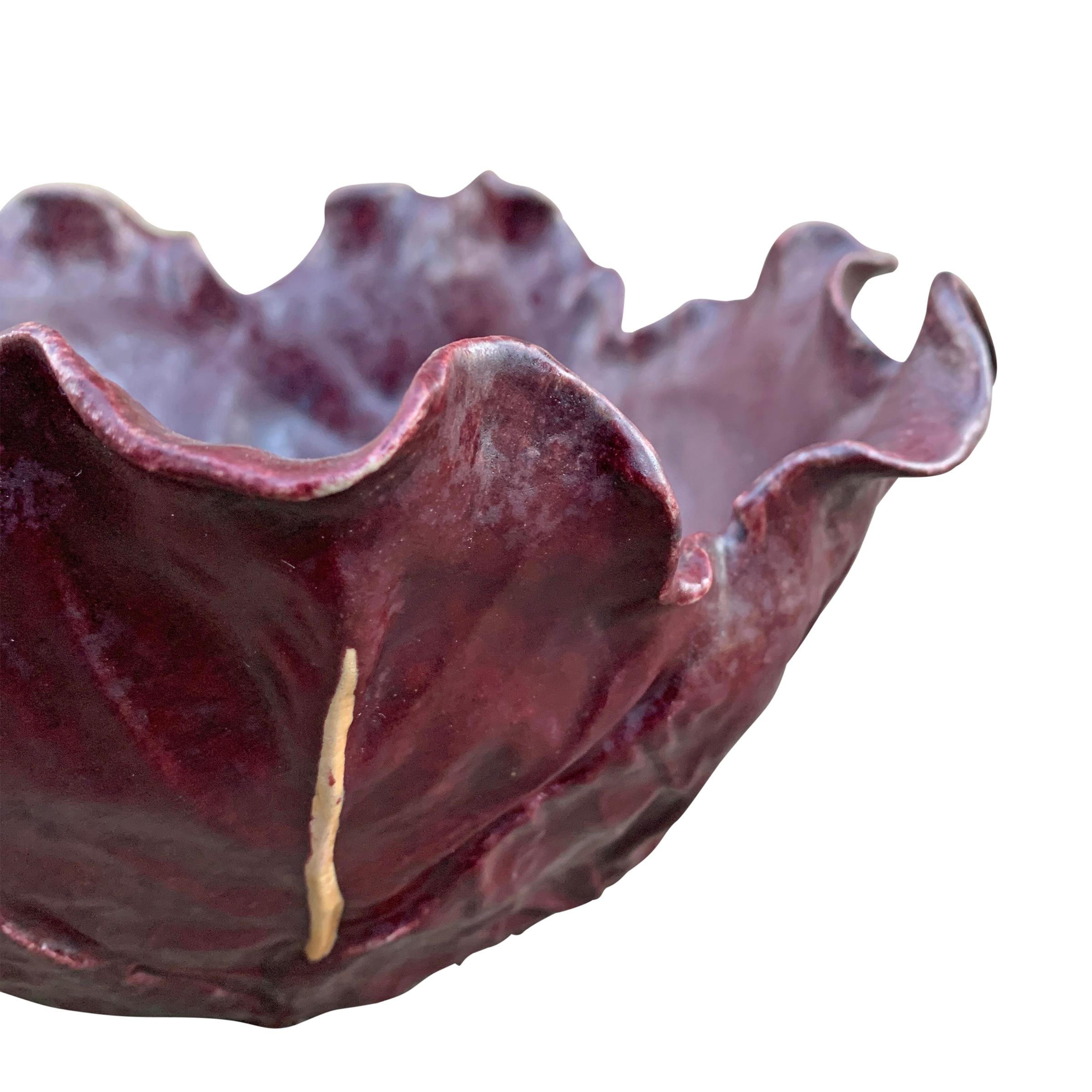 Vintage Hand-Built Ceramic Red Cabbage Bowl 1