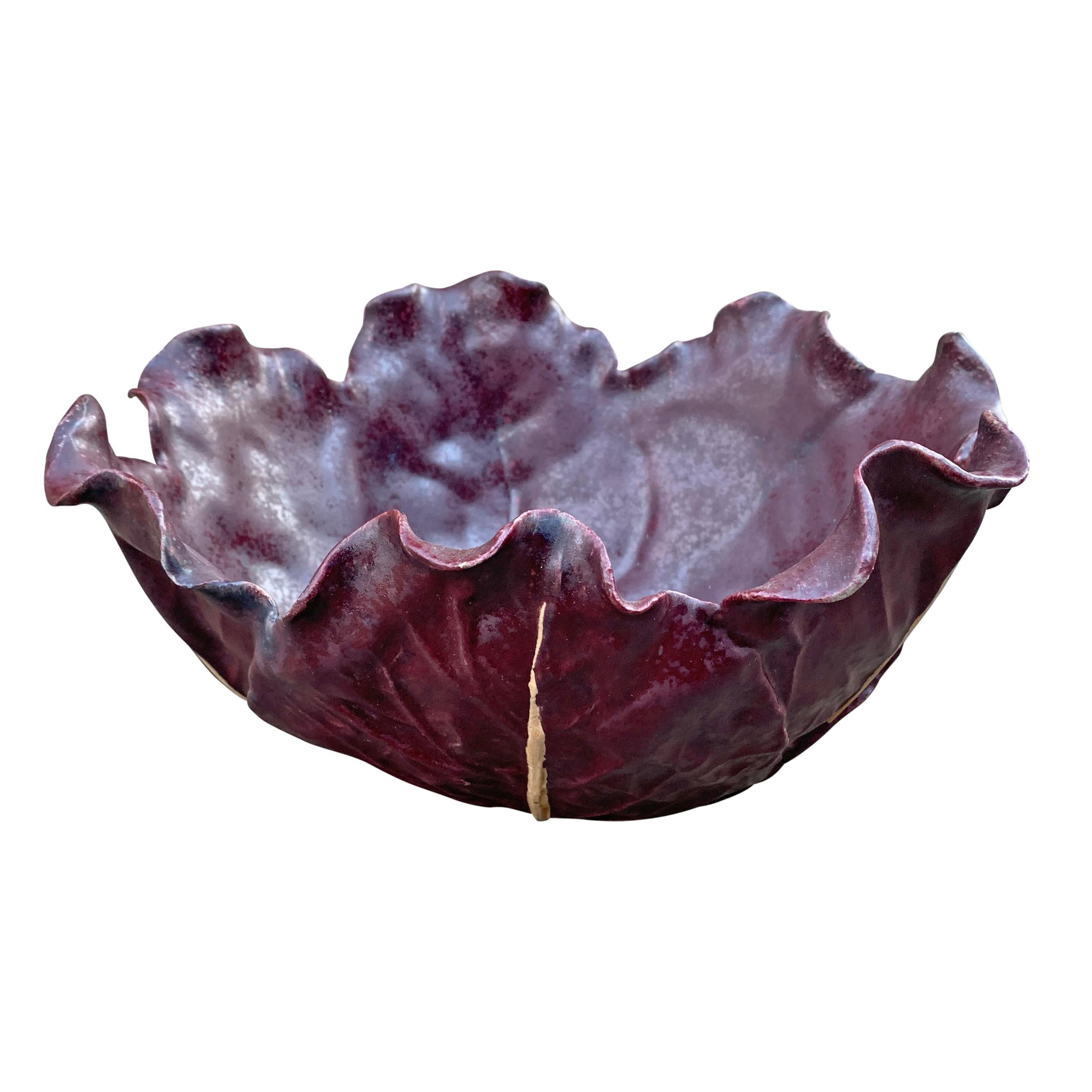 Rustic Vintage Hand-Built Ceramic Red Cabbage Bowl