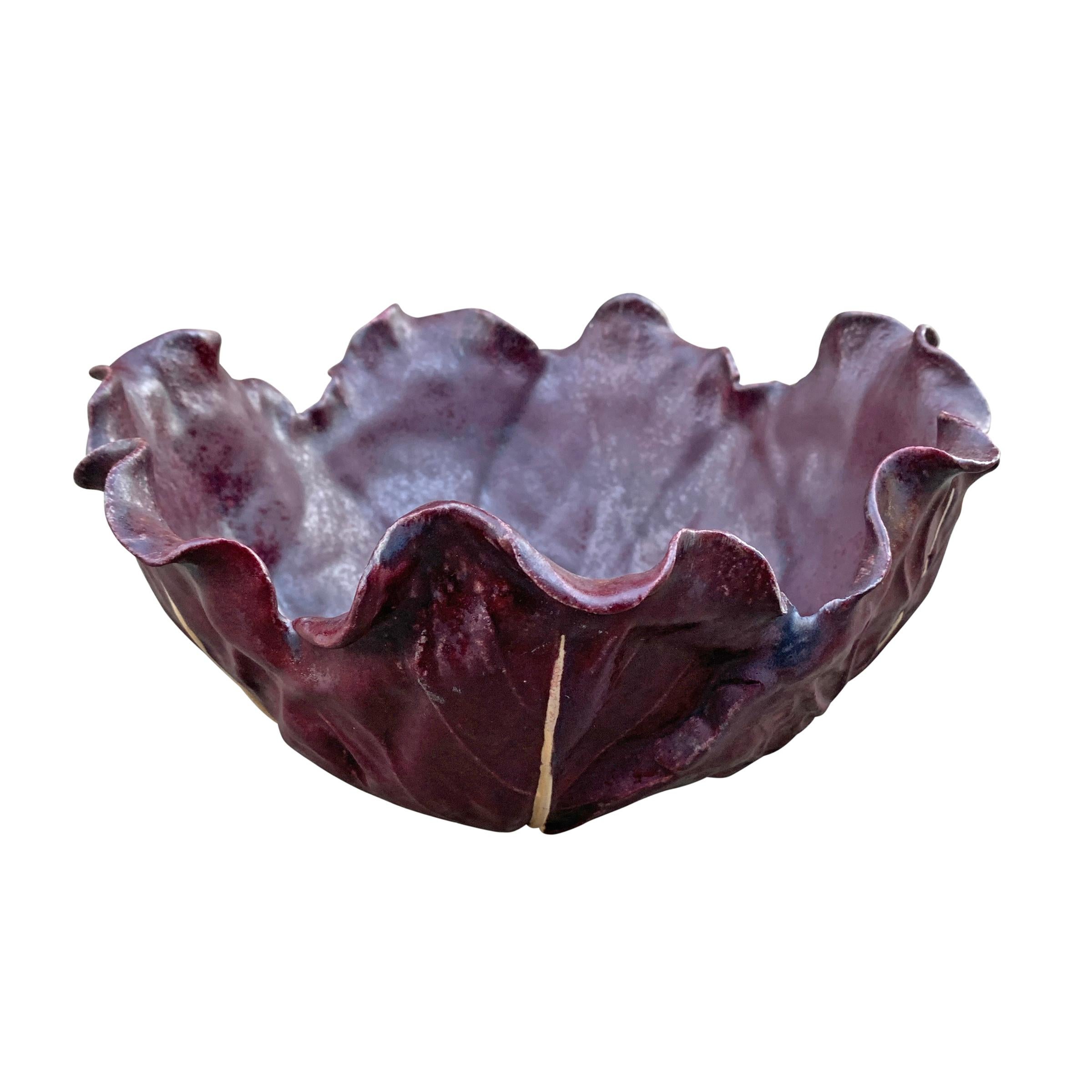 Hand-Crafted Vintage Hand-Built Ceramic Red Cabbage Bowl