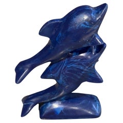 Vintage Hand Carve Sculpture African Blue Marble Stone Figurine Dolphin