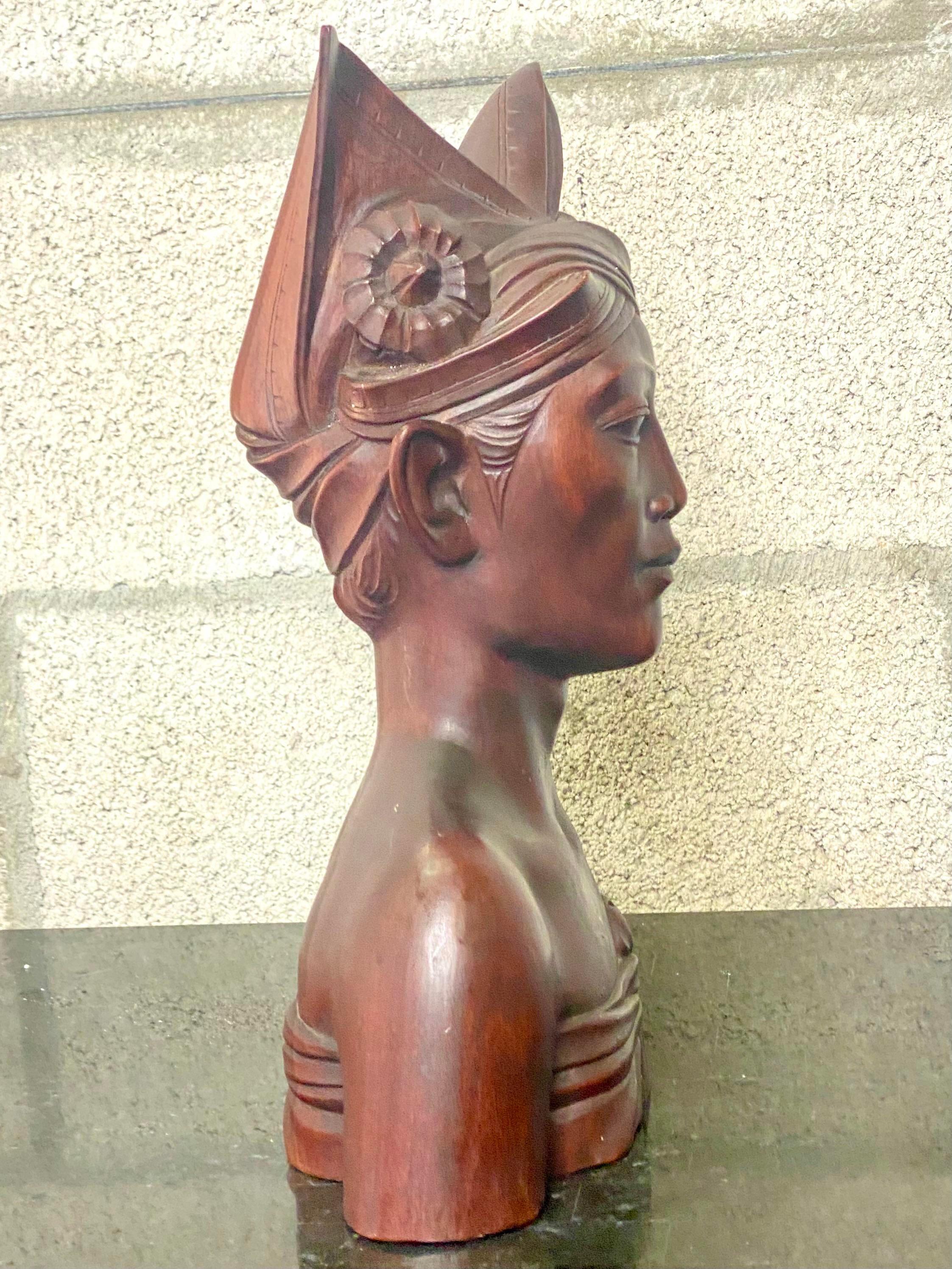 Mid-Century Modern Vintage Hand Carved 1930s Indonesian Bust of Woman For Sale