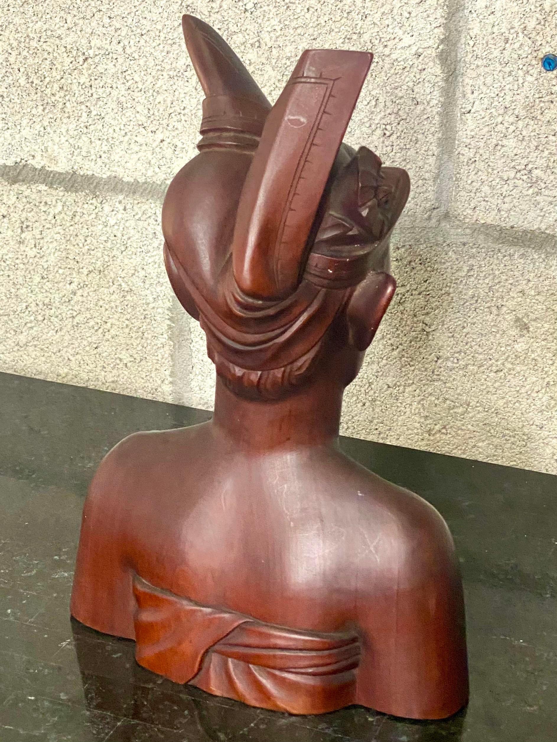 20th Century Vintage Hand Carved 1930s Indonesian Bust of Woman For Sale