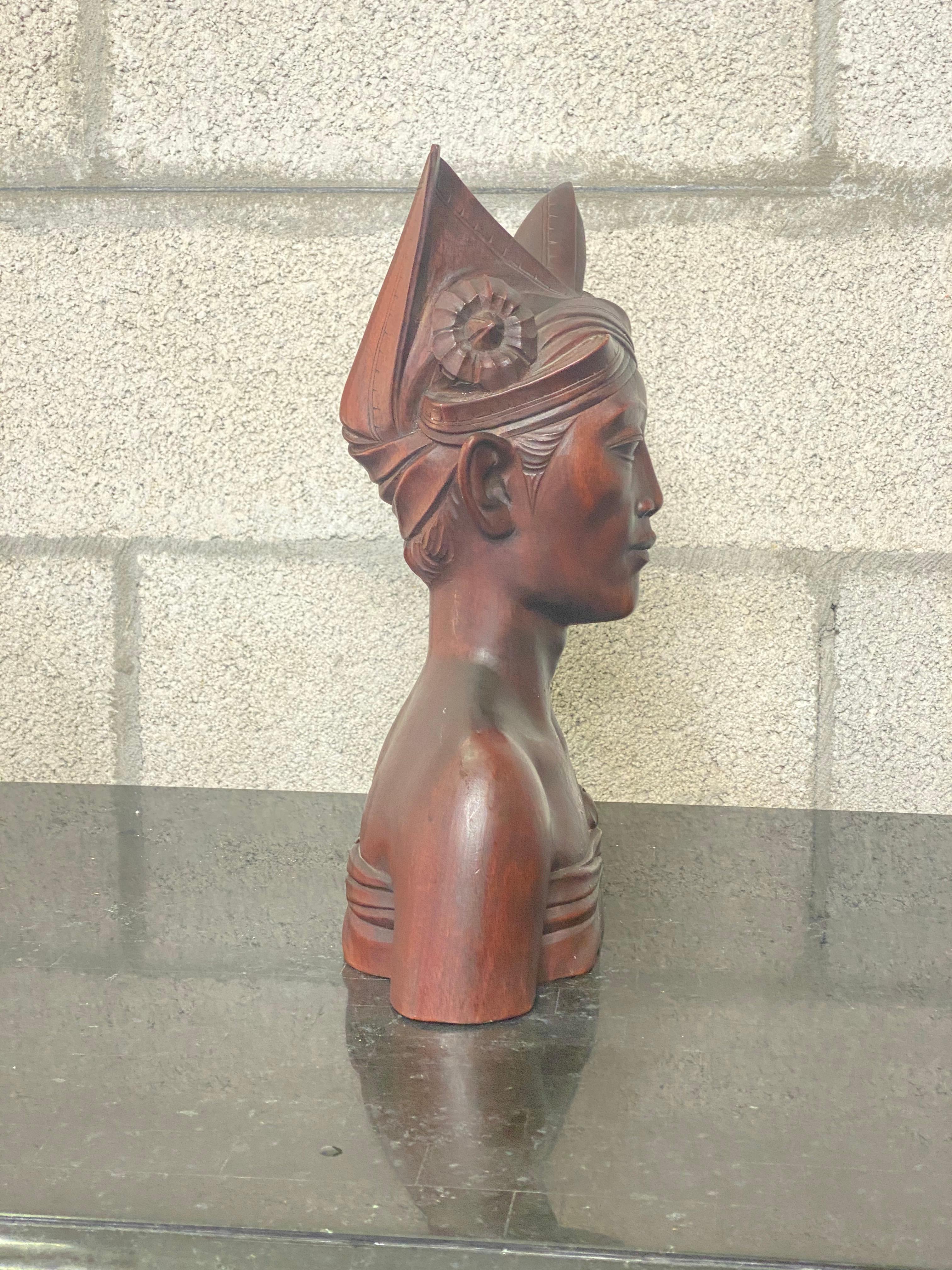 Wood Vintage Hand Carved 1930s Indonesian Bust of Woman For Sale
