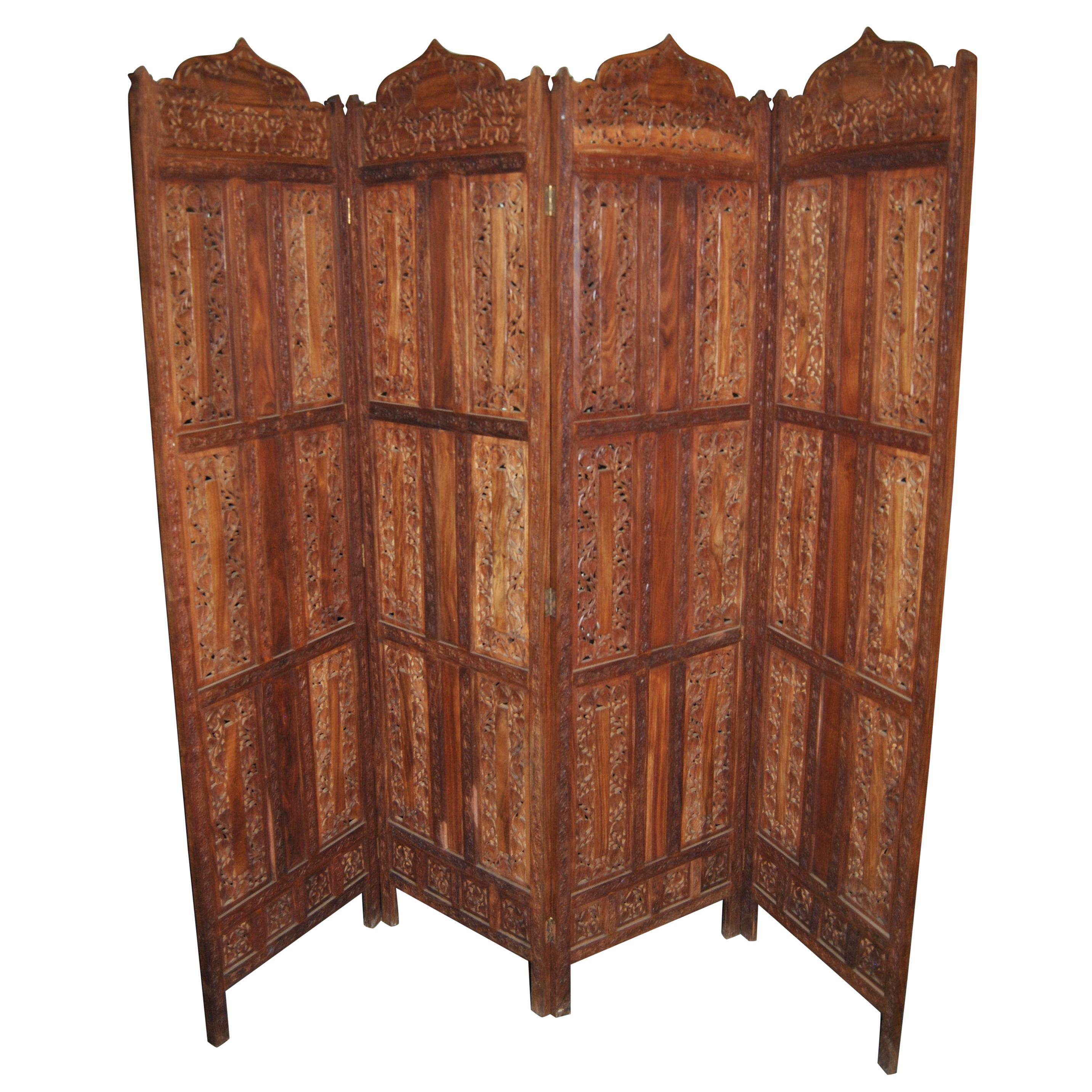 Vintage Hand Carved 4 Panel Teak Folding Screen / Room Divider For Sale
