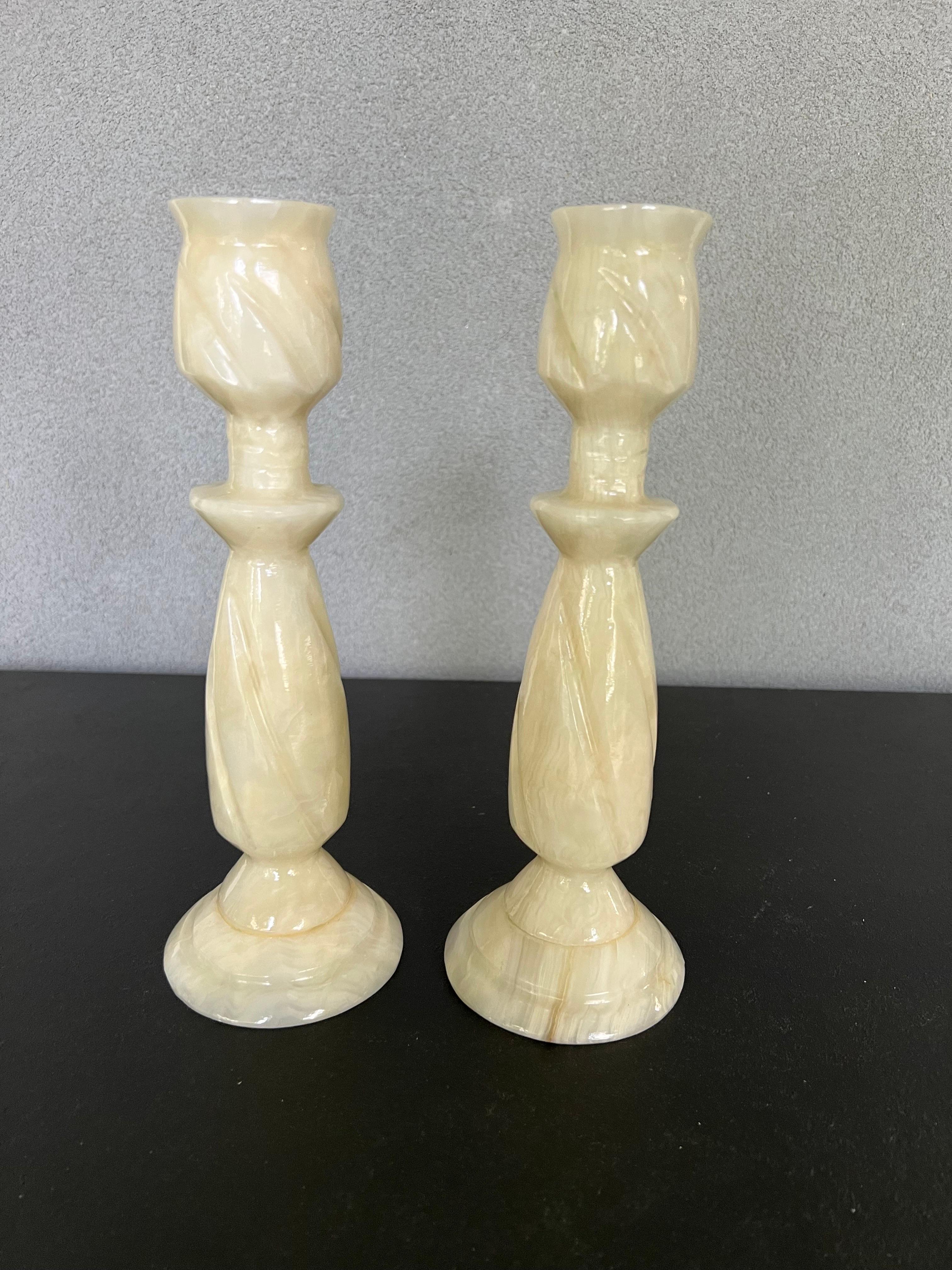 Vintage Hand Carved Alabaster Marble Candlesticks, a Pair For Sale 3