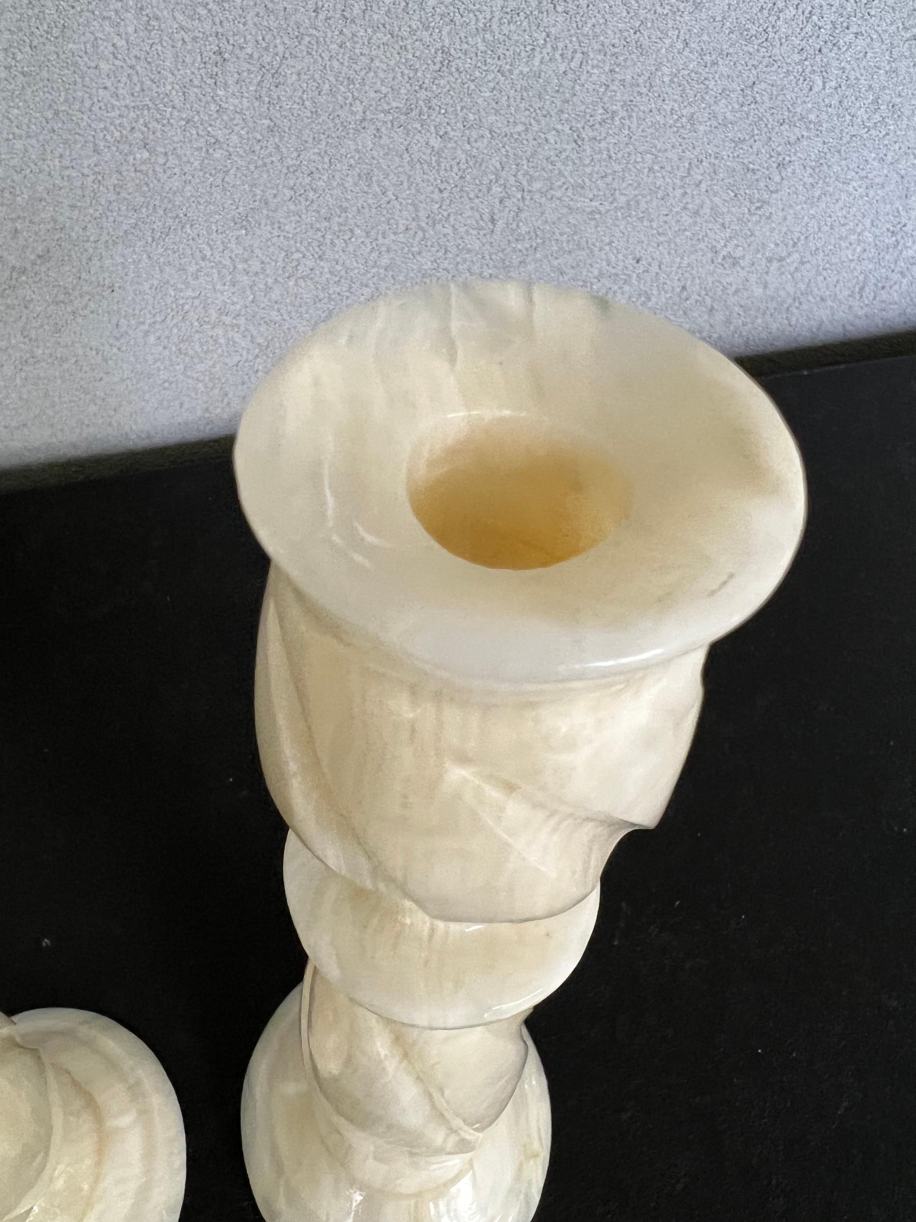 Mid-Century Modern Vintage Hand Carved Alabaster Marble Candlesticks, a Pair For Sale