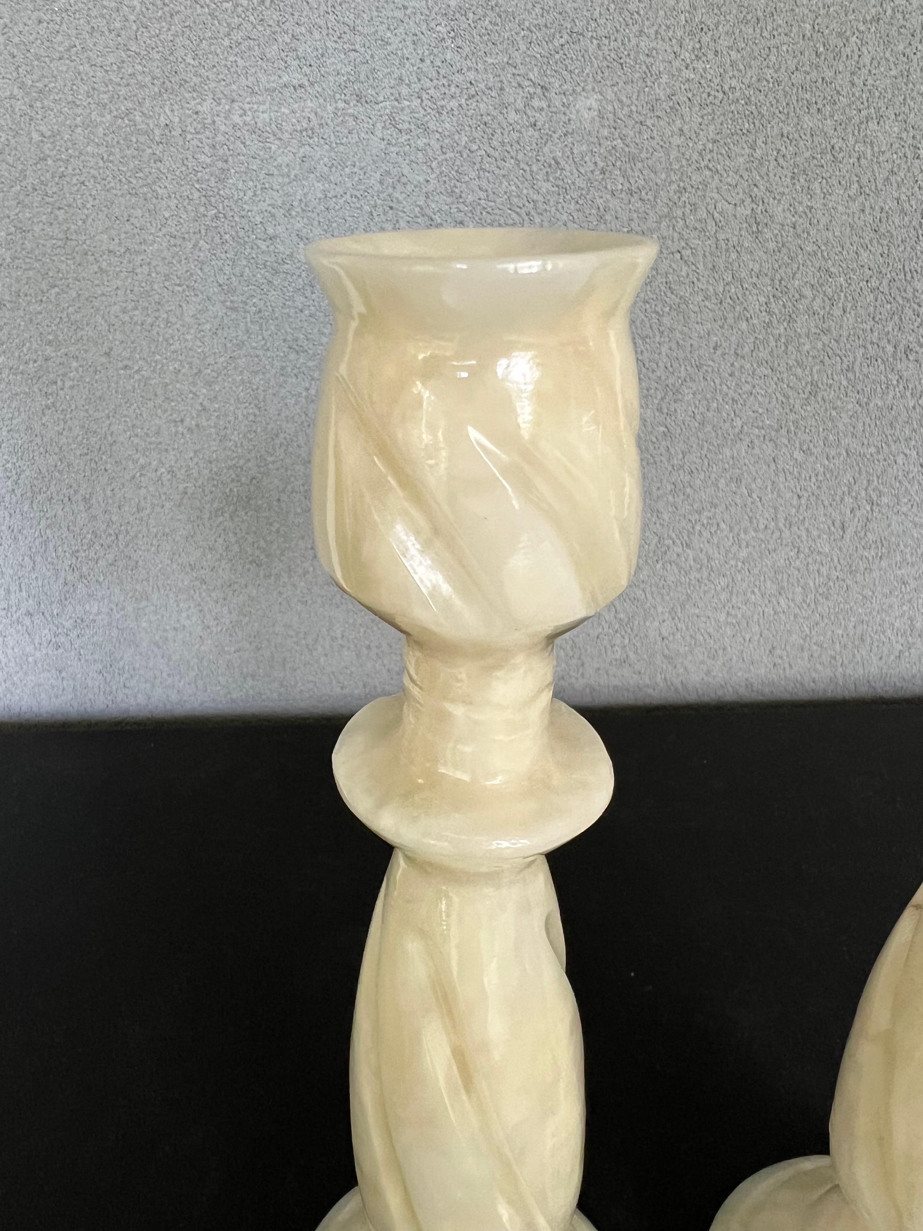 Unknown Vintage Hand Carved Alabaster Marble Candlesticks, a Pair For Sale