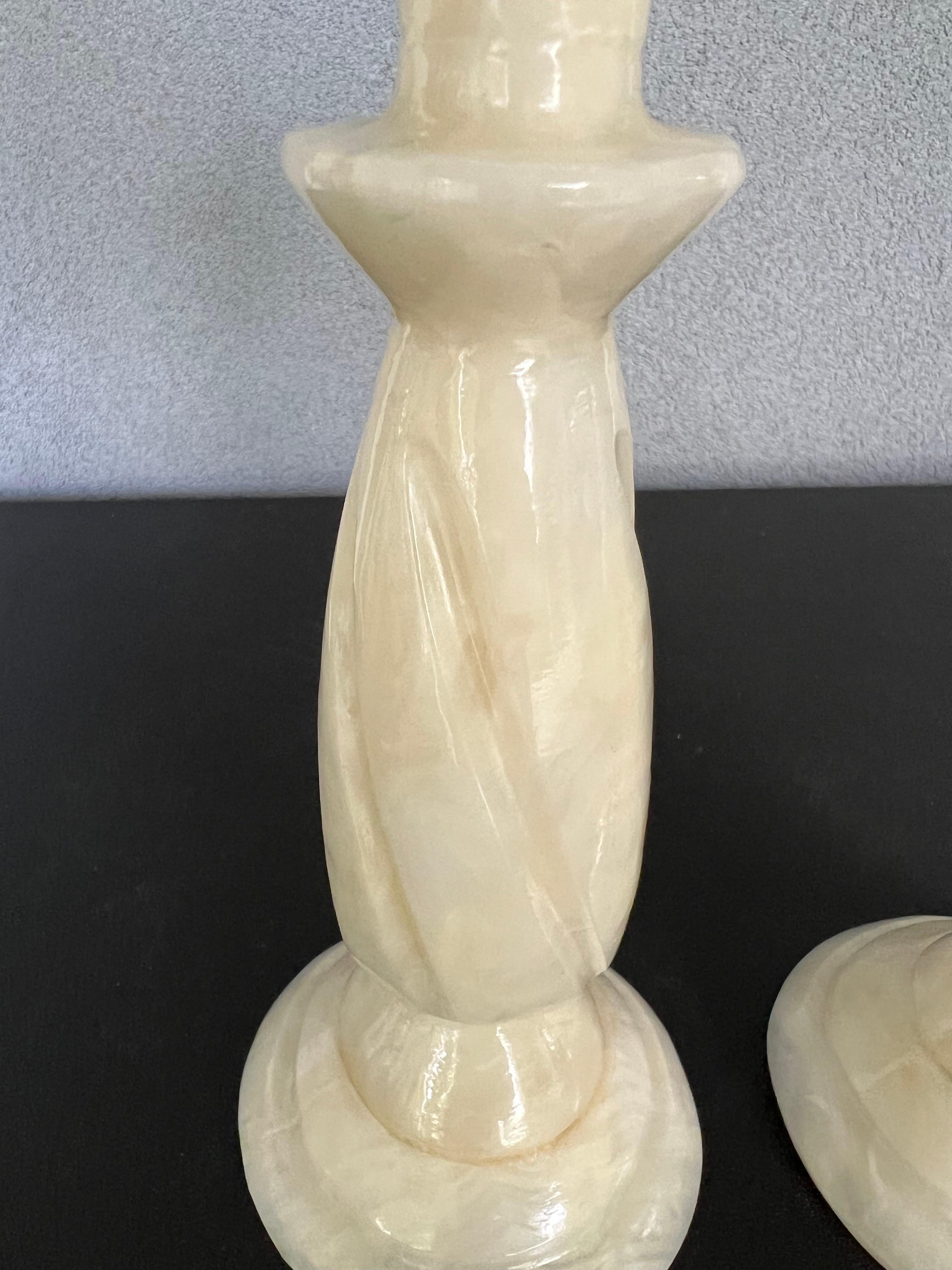Vintage Hand Carved Alabaster Marble Candlesticks, a Pair In Good Condition For Sale In Fort Washington, MD