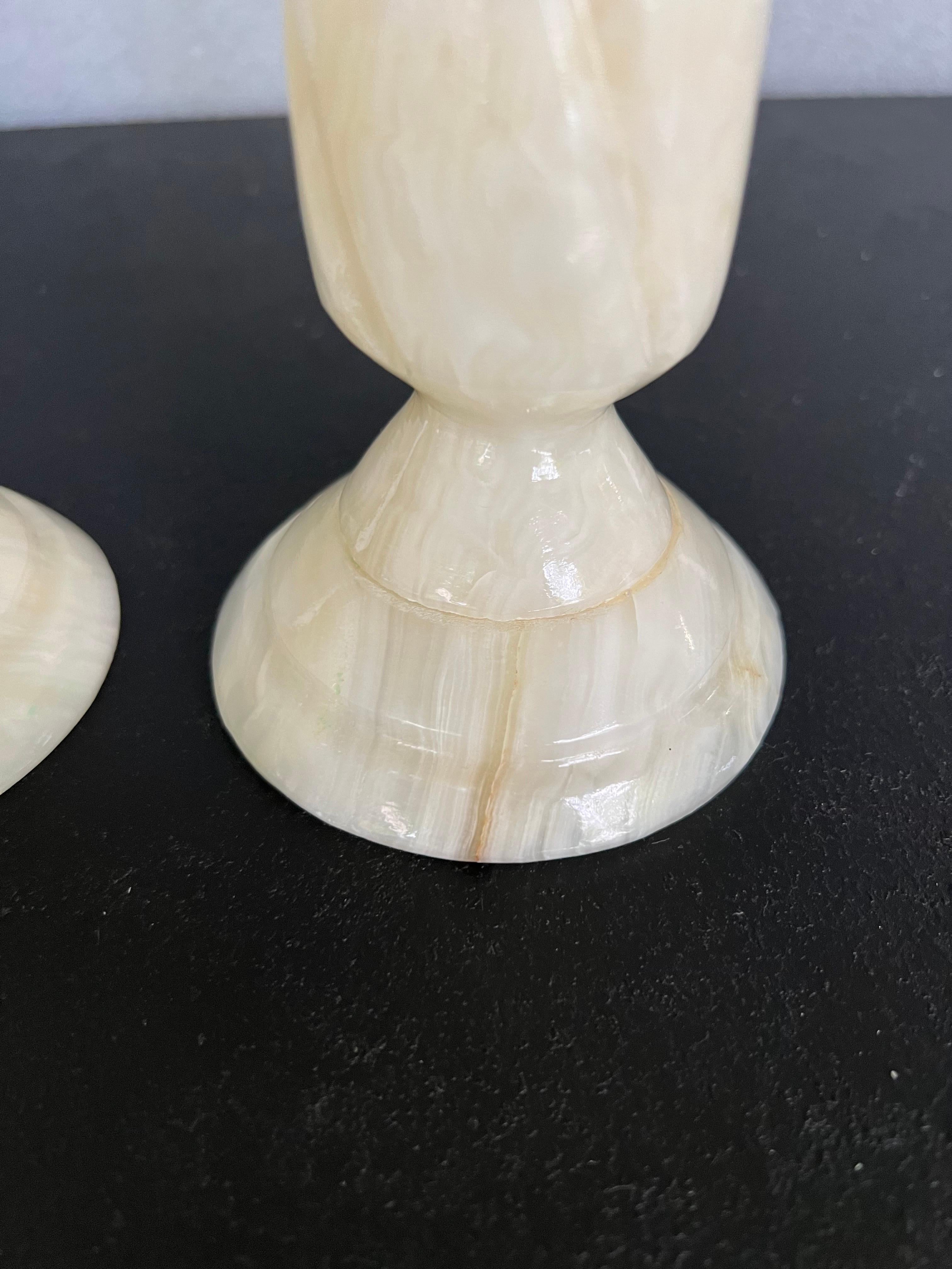 20th Century Vintage Hand Carved Alabaster Marble Candlesticks, a Pair For Sale