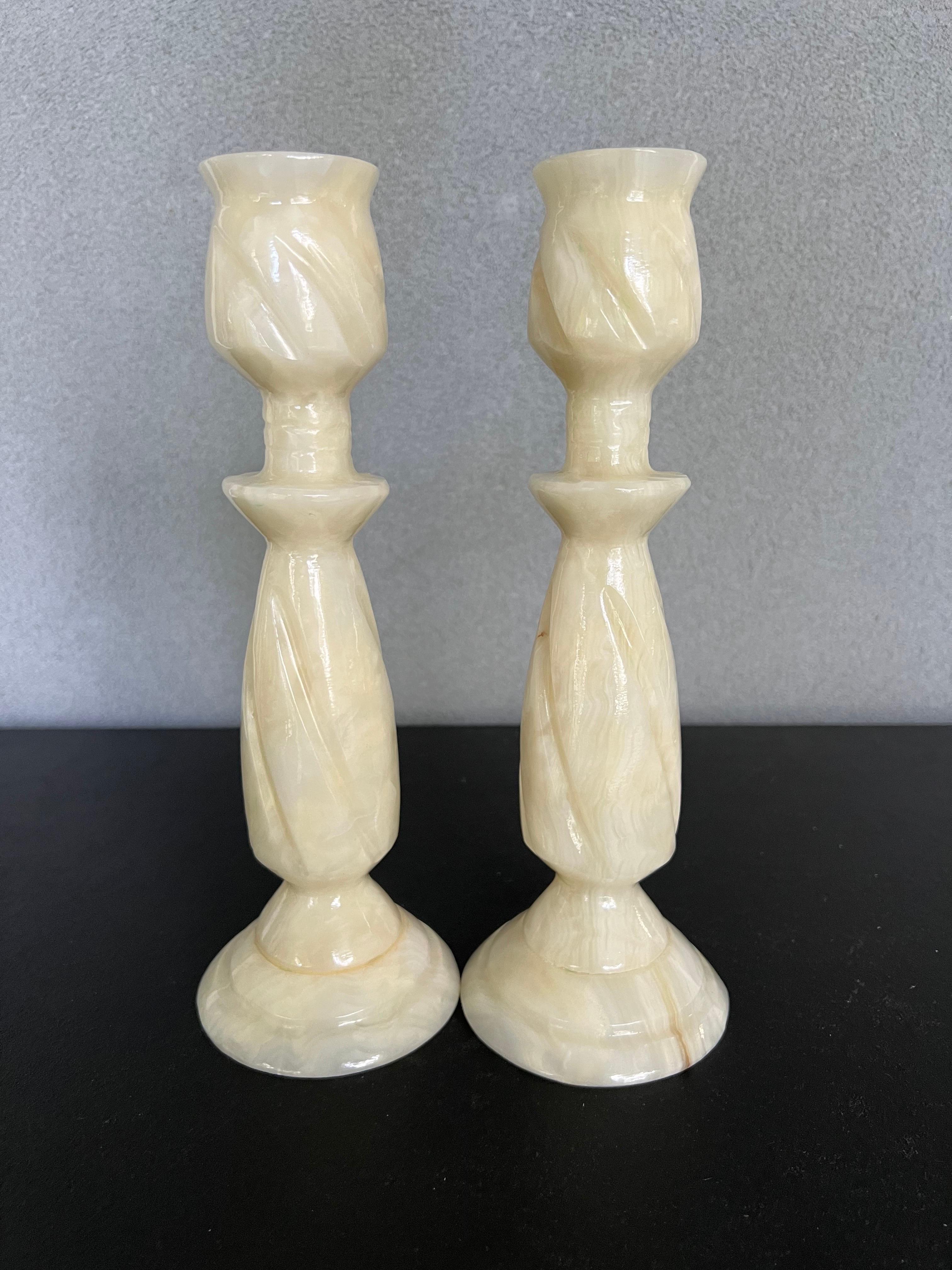 Vintage Hand Carved Alabaster Marble Candlesticks, a Pair For Sale 2